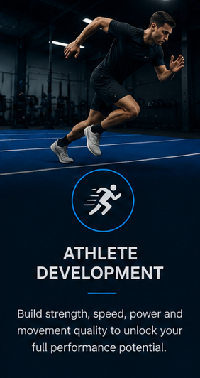 A man running on a track in a gym with a black shirt and shorts, under a dark background with gym equipment, promoting athlete development.