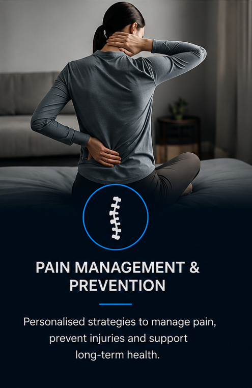 A woman sitting on a bed, holding her neck with one hand and her lower back with the other, appearing to be in pain. The overlay text reads 'Pain Management & Prevention' with a spine icon, promoting strategies for managing pain and preventing injuries for long-term health.