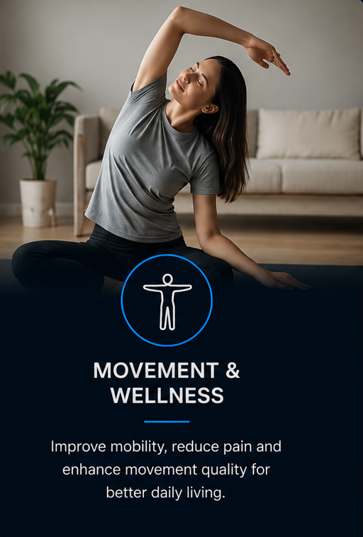 Woman stretching in a living room with a potted plant and sofa, promoting movement and wellness for better daily living.