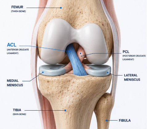 Detailed diagram of the human knee joint showing bones and ligaments: femur, tibia, fibula, anterior cruciate ligament (ACL), posterior cruciate ligament (PCL), medial meniscus, lateral meniscus, with labels.