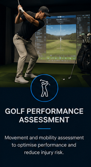 A person in a black shirt, khaki pants, and a cap is practicing golf swings indoors, with a digital screen showing a golf course in the background. The image promotes a golf performance assessment for movement and mobility analysis to improve performance and reduce injury risk.