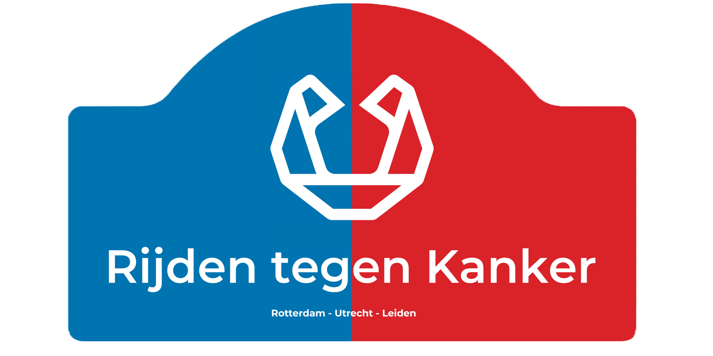 Logo met tekst 'Rijden tegen Kanker' en de locaties Rotterdam, Utrecht, Leiden, met een medaille met handen en een hart in het midden, verdeeld in twee helften, blauw en rood.