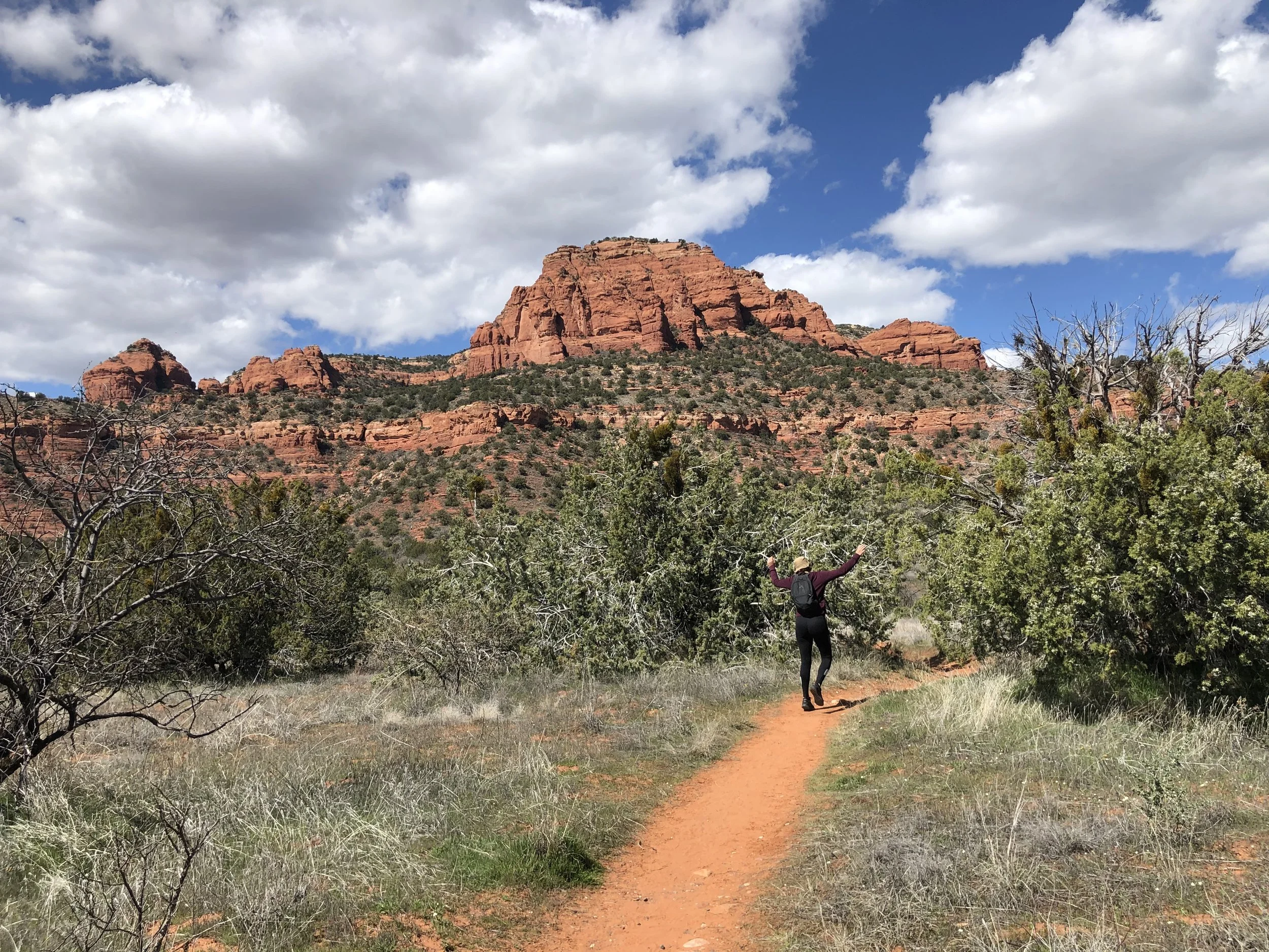 Hiker stands on a dirt trail pointing towards red rock formations in the distance, under a partly cloudy sky.