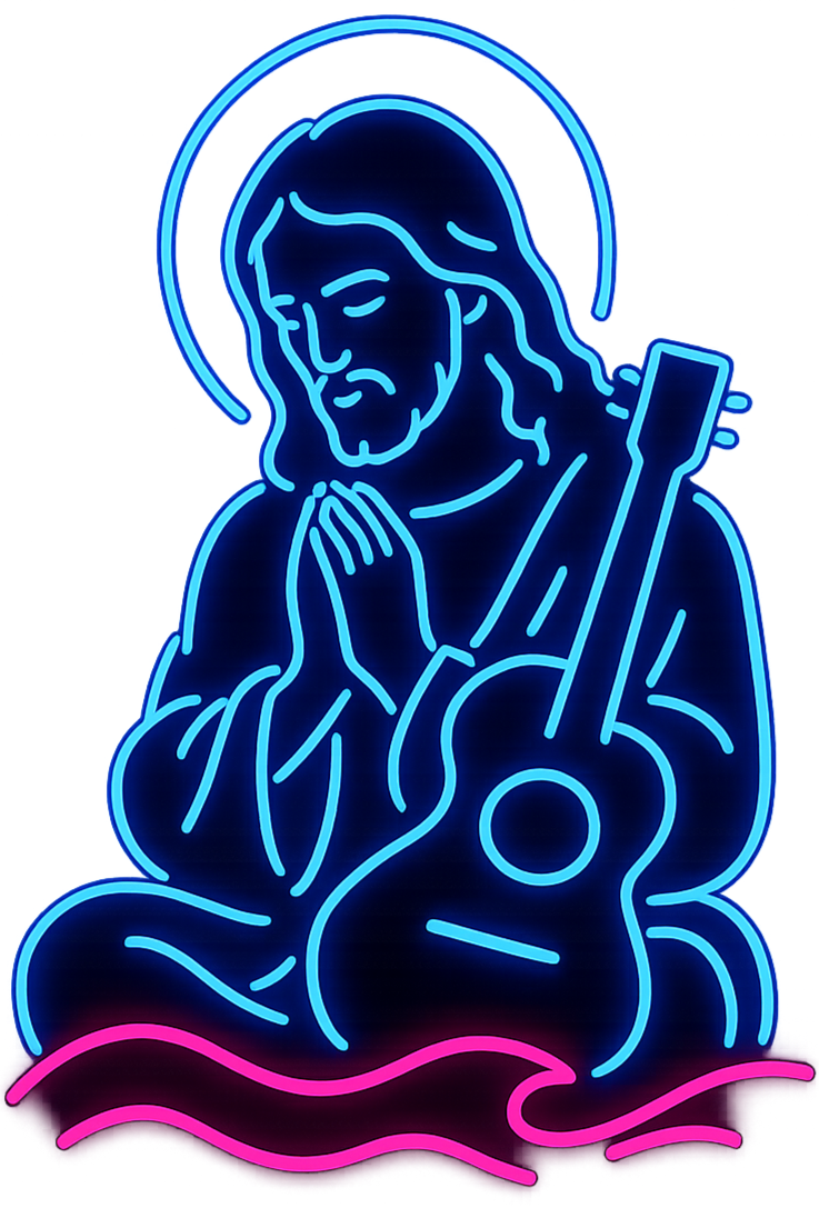 Peaceful neon artwork of Jesus for Christian lo-fi music