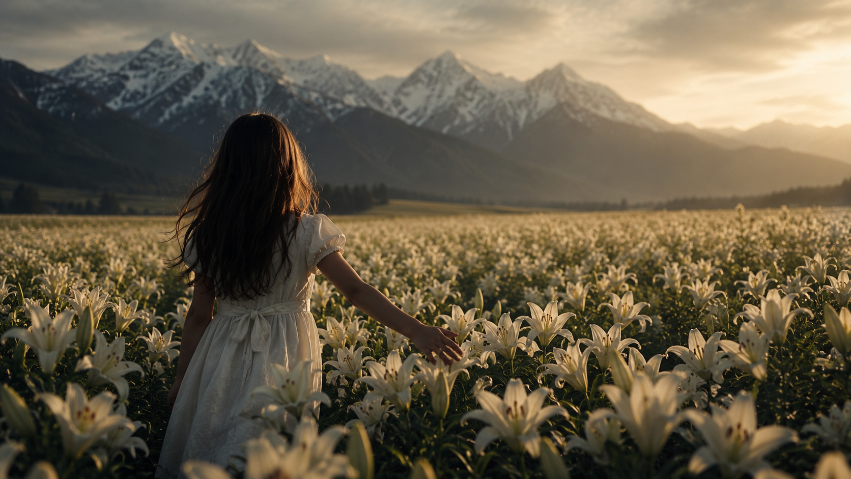 A young girl in a white dress walking through a field of white lilies during sunset with snow-capped mountains in the background.