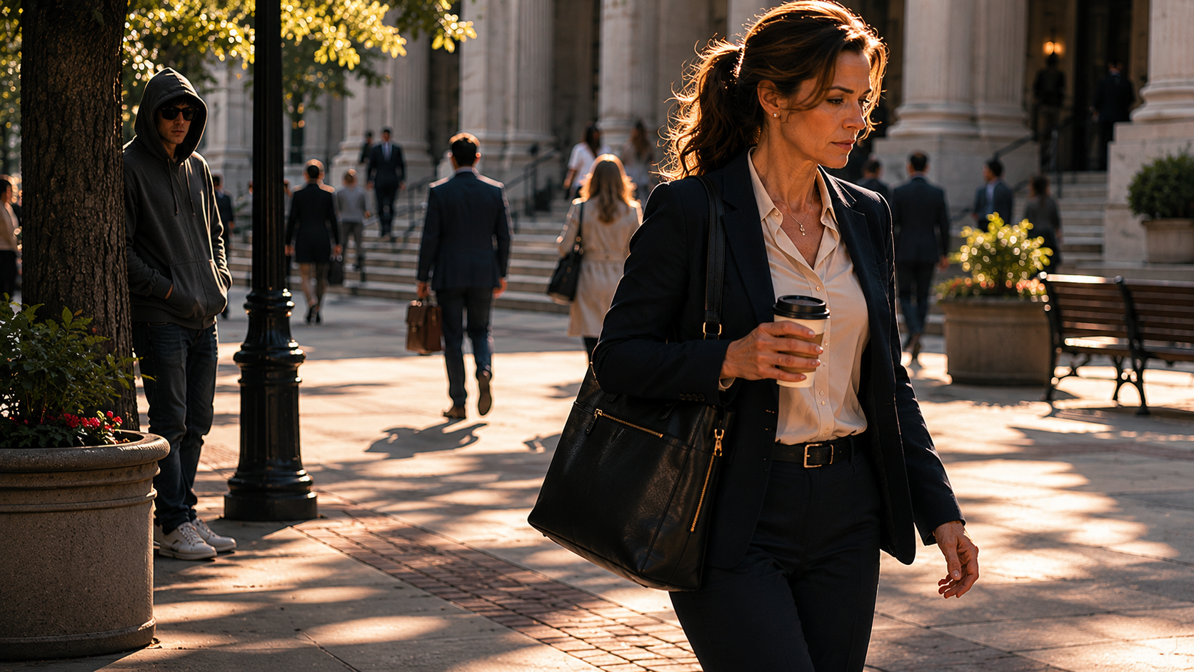 A woman in business attire walking with a coffee cup in her hand on a city sidewalk with classical architecture, while a man wearing a hoodie and sunglasses stands near a tree in the background.