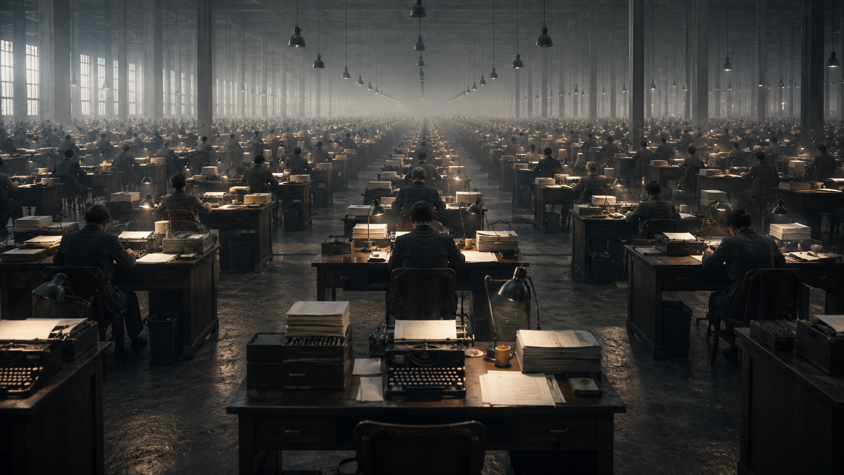 A vast, dimly lit factory or warehouse filled with rows of desks occupied by people working at old-fashioned typewriters, with stacks of papers and desk lamps, creating a sense of busy, organized chaos under high ceilings with large windows and hanging lights.