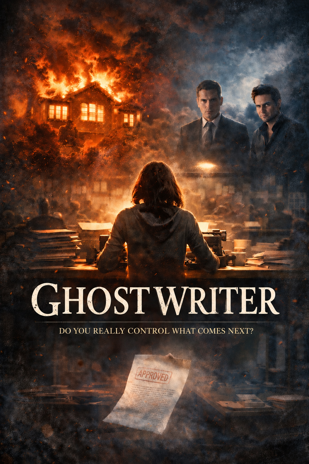 Poster for GHOSTWRITER, a psychological supernatural thriller featuring a lone writer in a dark office overlooking a city at night.