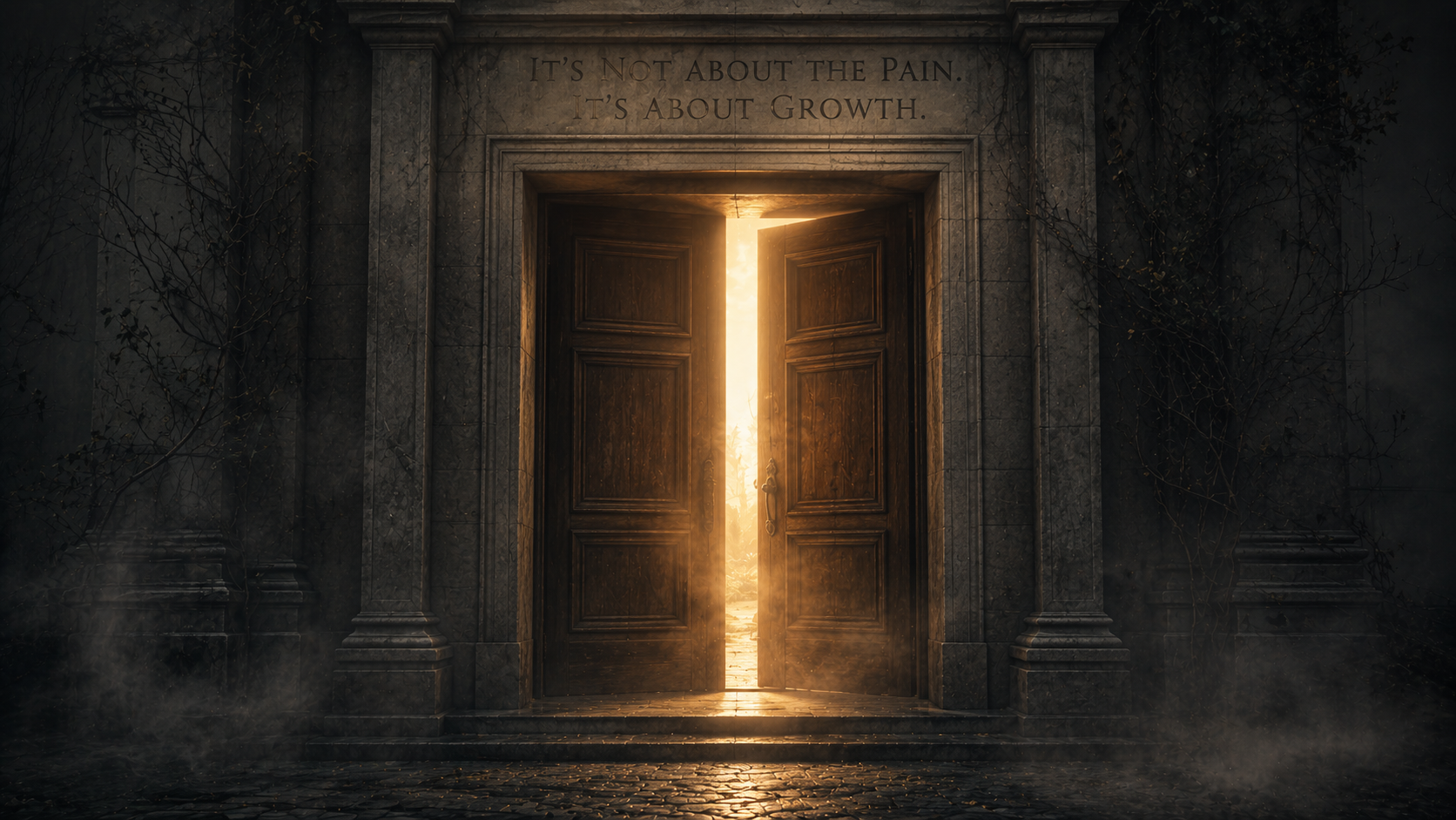 An open wooden door with a golden glow shining through, framed by a stone structure with an inscription that reads 'It's not about the pain. It's about growth.' The scene is dark and foggy with trees and steps leading up to the door.