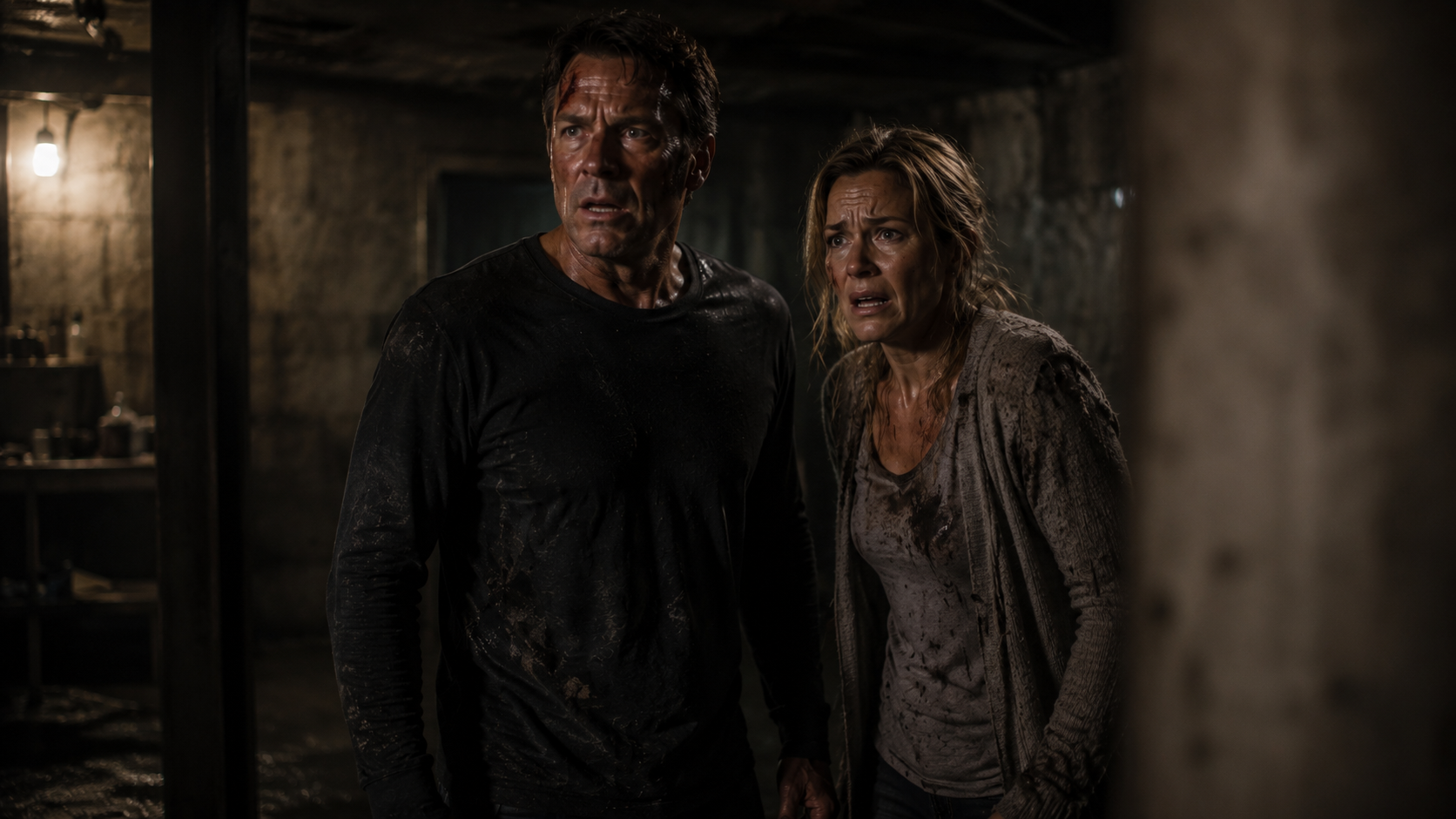 Two people, a man and a woman, appear distressed and dirty, standing close together in a dark, gritty basement or cellar with exposed brick walls, dim lighting, and cluttered shelves.