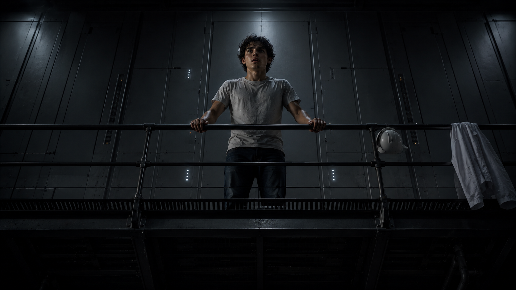 A young man with curly hair and a dirty white t-shirt standing on a high industrial metal platform, holding onto the railing, with a hard hat and a white shirt hanging on the railing beside him, in a dark industrial setting.