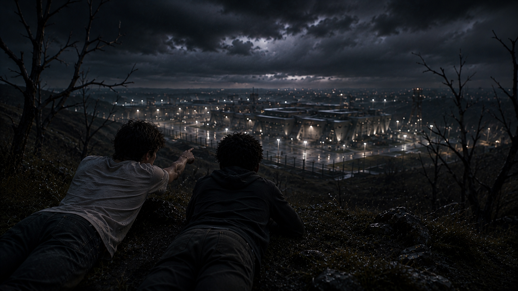 Two people lying on a hillside at night, looking at a illuminated industrial complex in the distance, with dark clouds overhead.