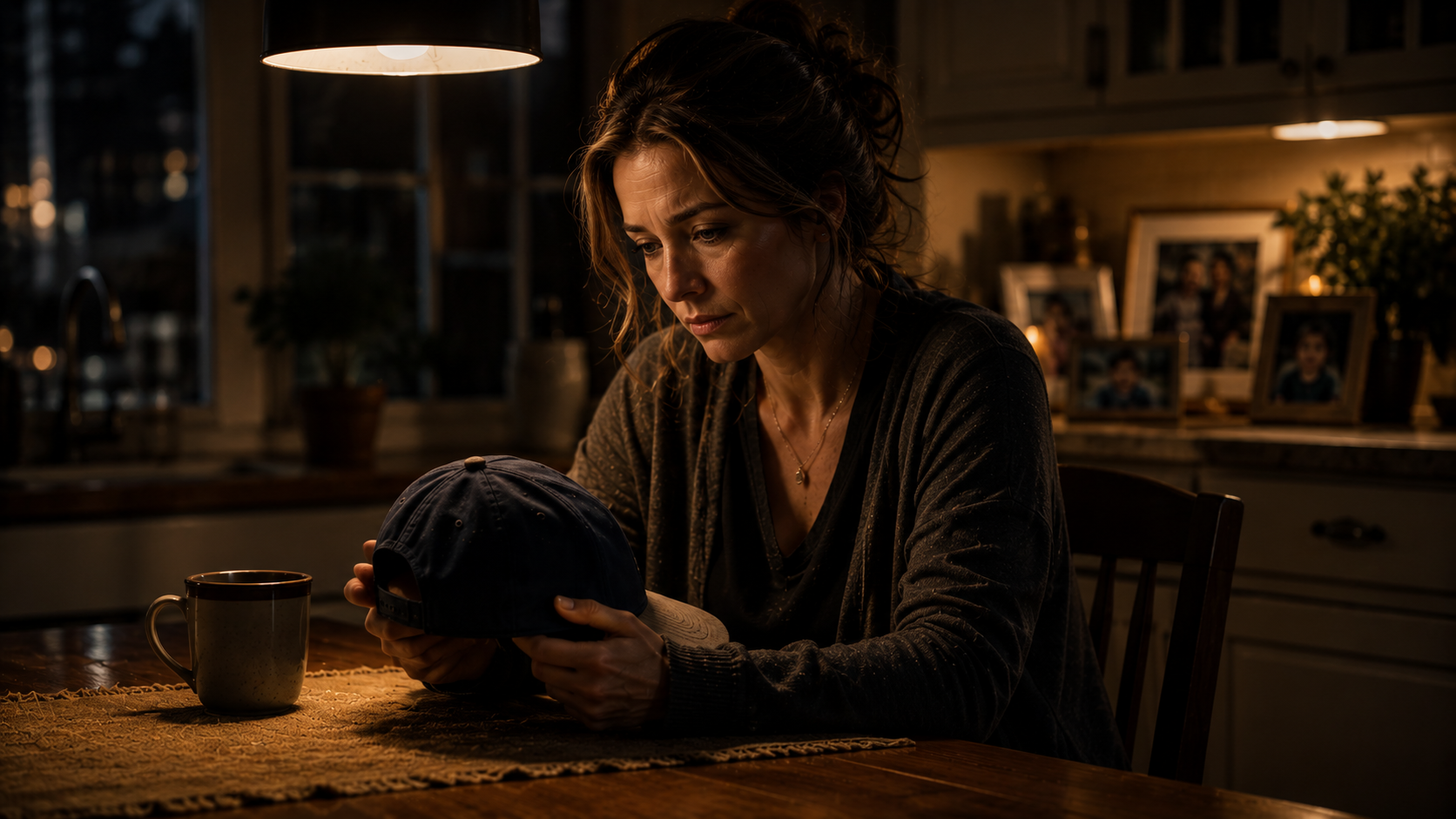 A woman sitting at a kitchen table, holding a baseball cap and looking at it with a thoughtful expression, in a warm, dimly-lit room with family photographs on the counter in the background.