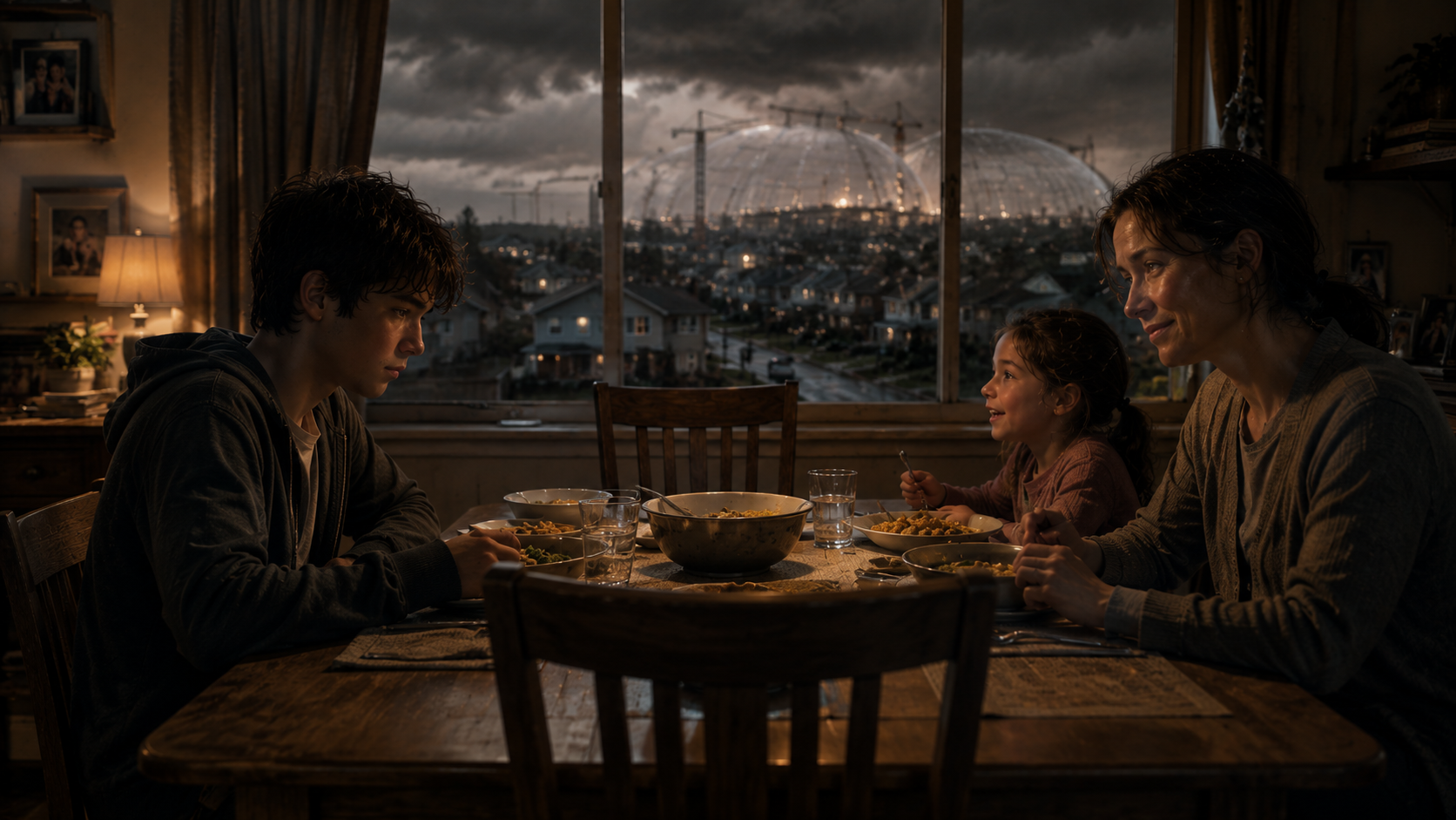 A family of three, including a man, a woman, and a young girl, sit at a dinner table in a dimly lit room. Outside the window, a cityscape with large domed structures and construction cranes under a stormy sky is visible.