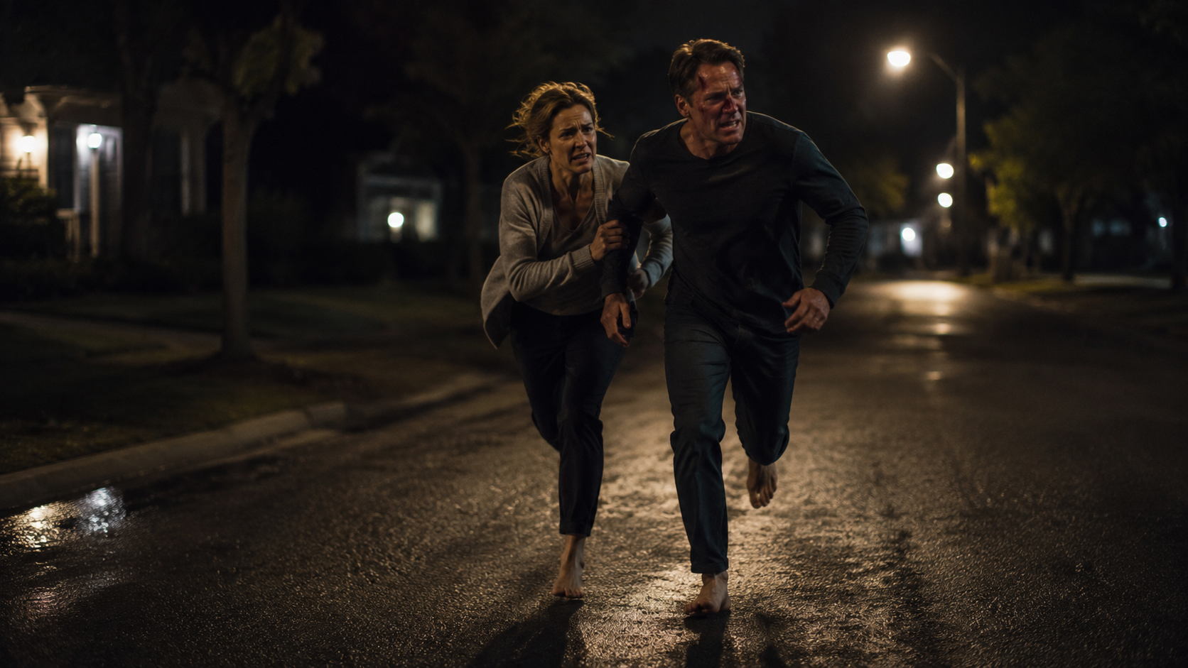 A man and woman running barefoot on a wet street at night, appearing distressed and looking back, with dim streetlights illuminating the scene.