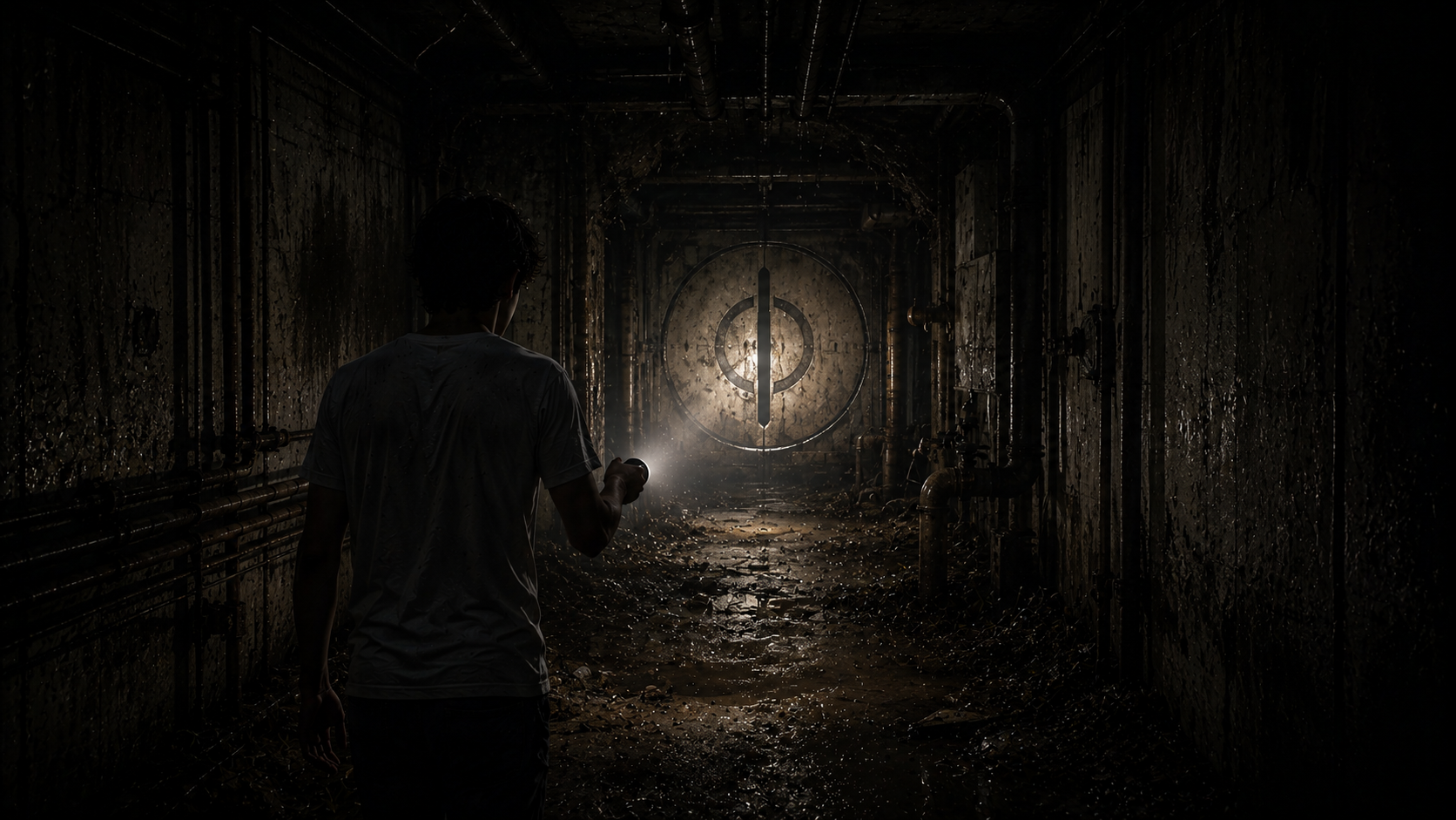 A person standing in a dark, abandoned hallway with wet, dirty floors and a large circular door at the end. The person is holding a flashlight.