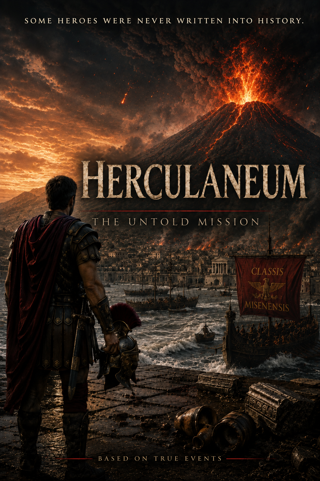 Herculaneum poster: a Roman soldier overlooks the harbor as Mount Vesuvius erupts above the city.