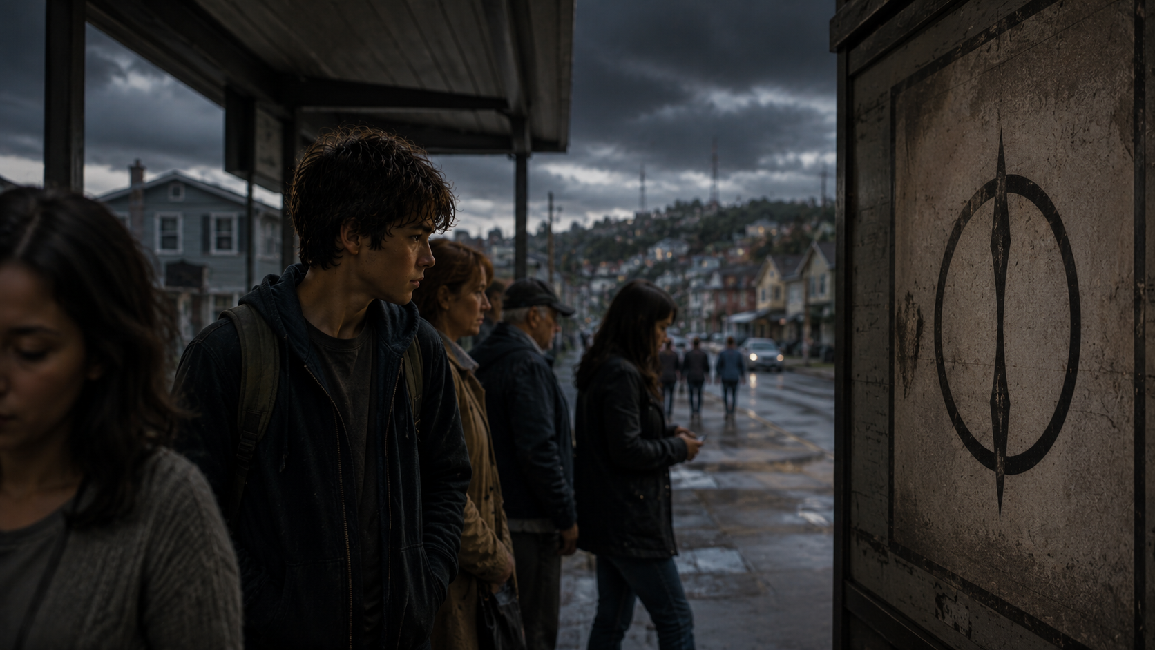 A group of people waiting in line outdoors under a cloudy sky, with houses and hills in the background.
