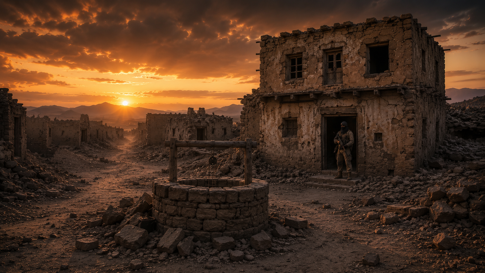 A soldier with a rifle standing at the entrance of a dilapidated stone house in a desert village during sunset, with ruined buildings and mountains in the background.