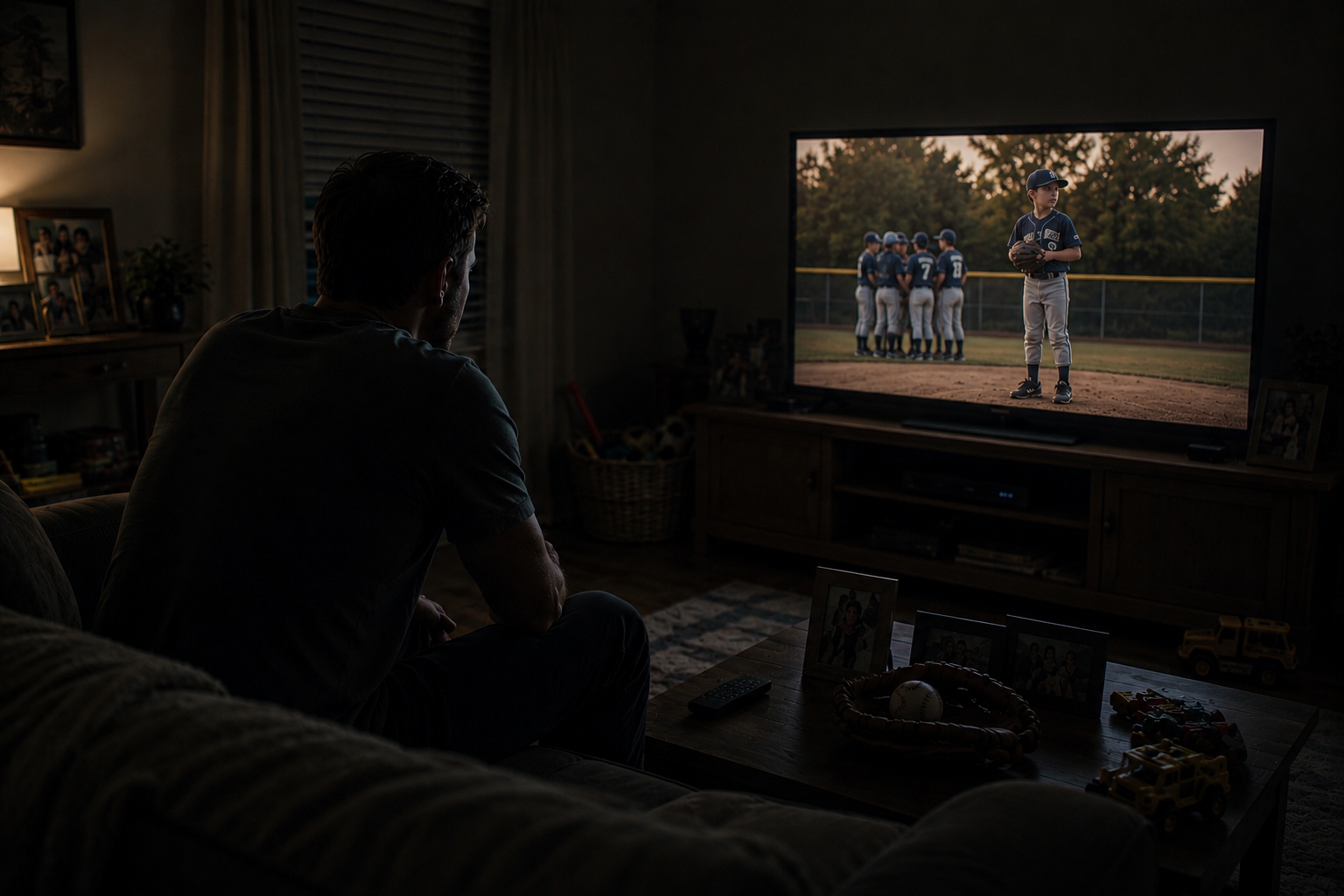 A man watching a baseball game on TV in a dimly lit living room.
