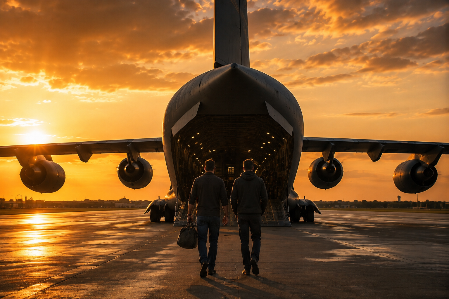 Two men walking towards a large cargo airplane parked on an airport tarmac at sunset.