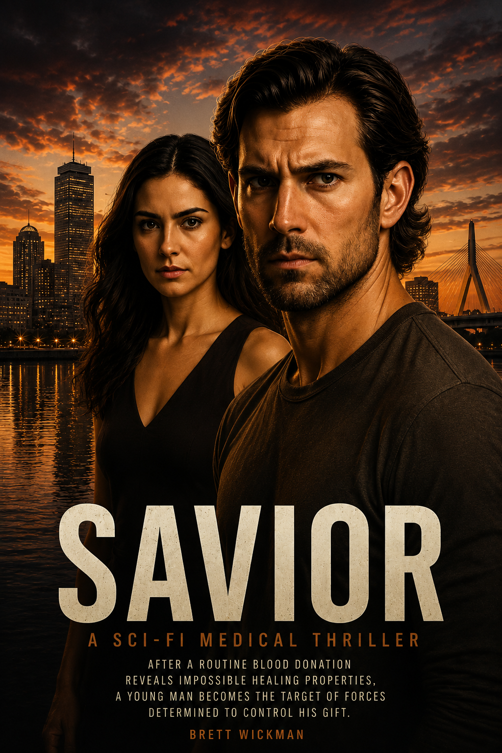 Poster for SAVIOR, a sci-fi medical thriller featuring two characters against the Boston skyline.