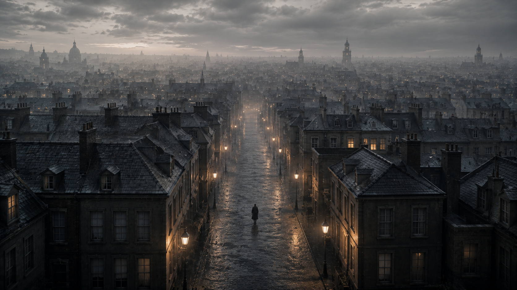 A foggy, dimly lit city street scene at dusk with old buildings, street lamps illuminating the wet cobblestone street, and a lone person walking