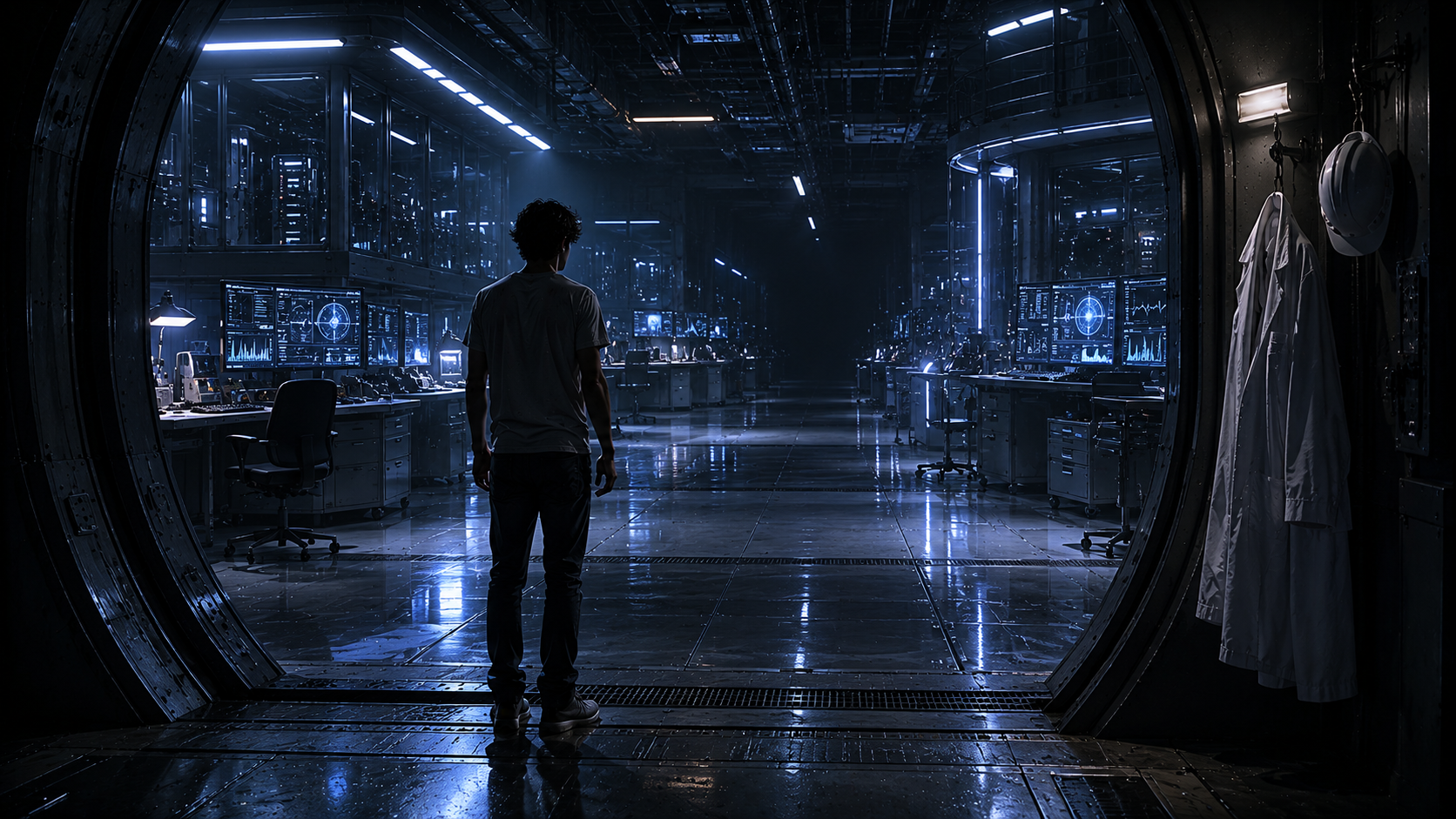 A person standing at the entrance of a high-tech laboratory with illuminated computer screens and equipment, viewed through a circular doorway.