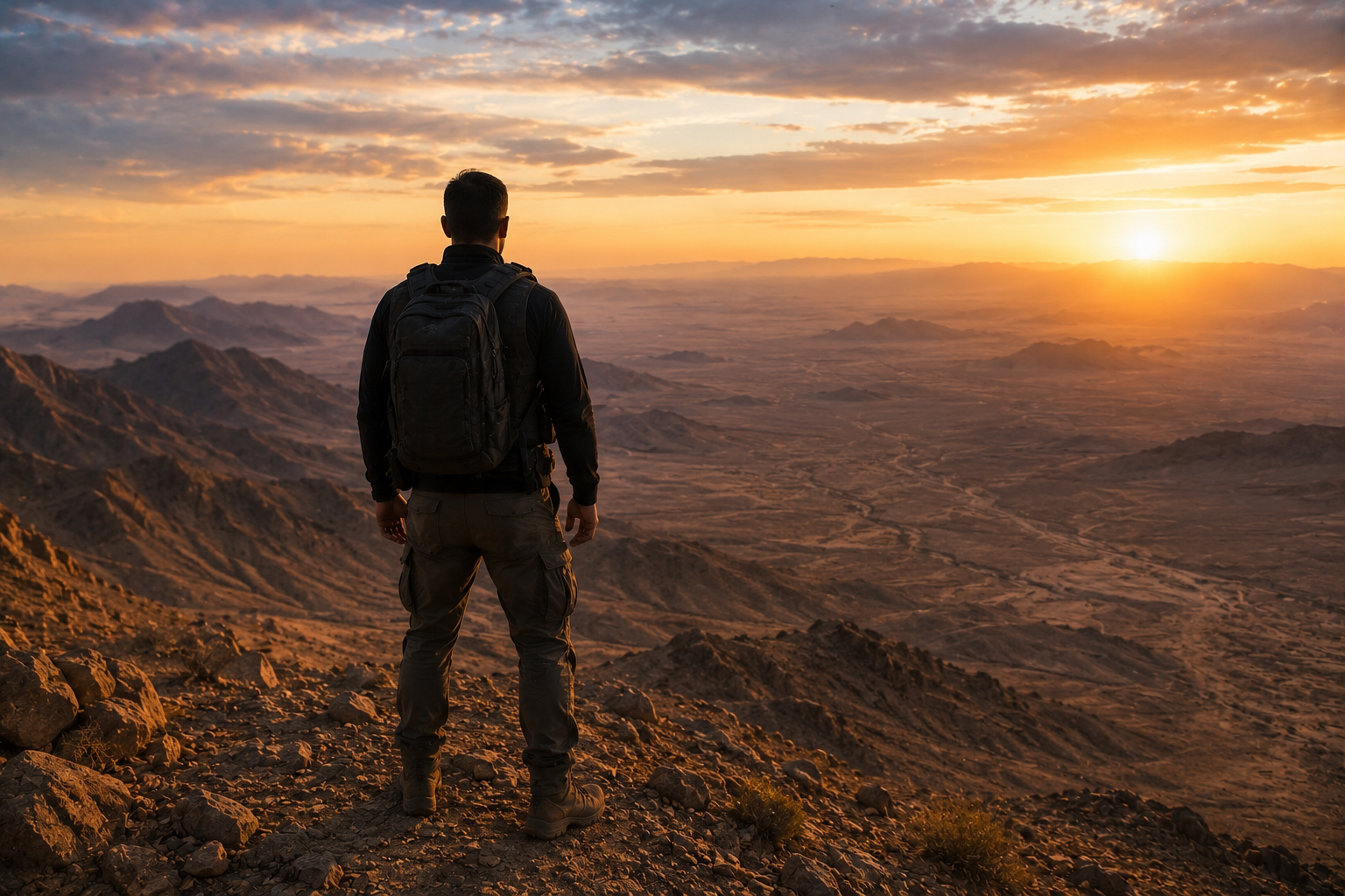A man with a backpack standing on rocky terrain, looking at a sunset over mountains and a vast valley