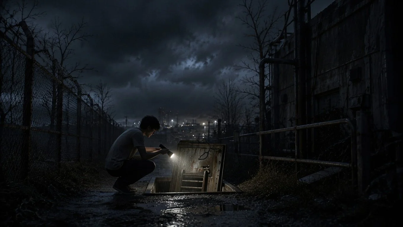 Person crouching and inspecting an open manhole cover with a flashlight at night, surrounded by a chain-link fence and barren trees under dark cloudy skies in an industrial area.