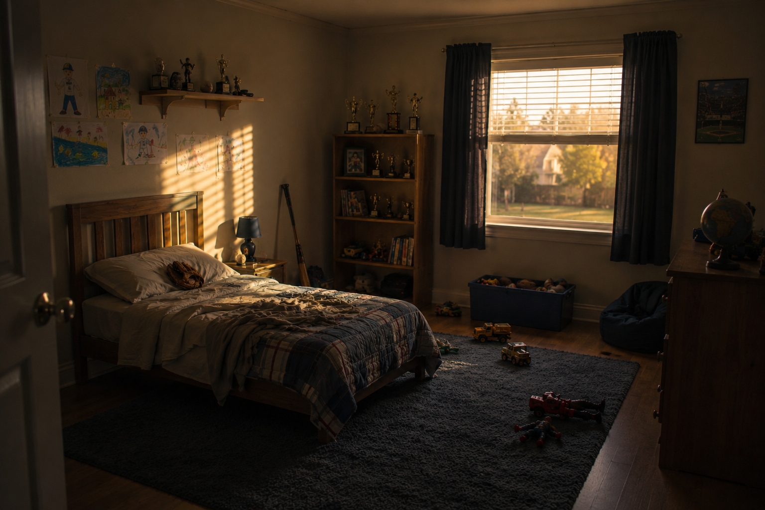A child's bedroom with sunlight streaming through a window, a bed with a wooden headboard, a nightstand with a lamp, a bookshelf with trophies and books, and toys on the floor.