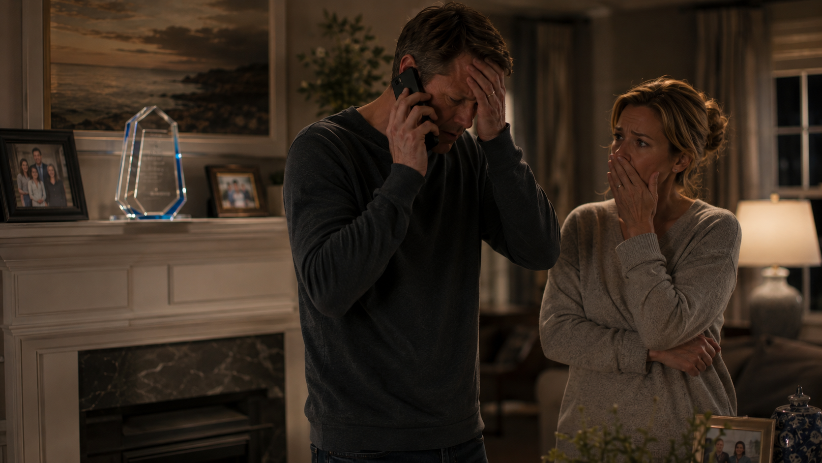 A man appears distressed, holding his forehead with one hand and talking on a cellphone, while a woman next to him reacts with concern, covering her mouth with her hand in a warmly lit living room.