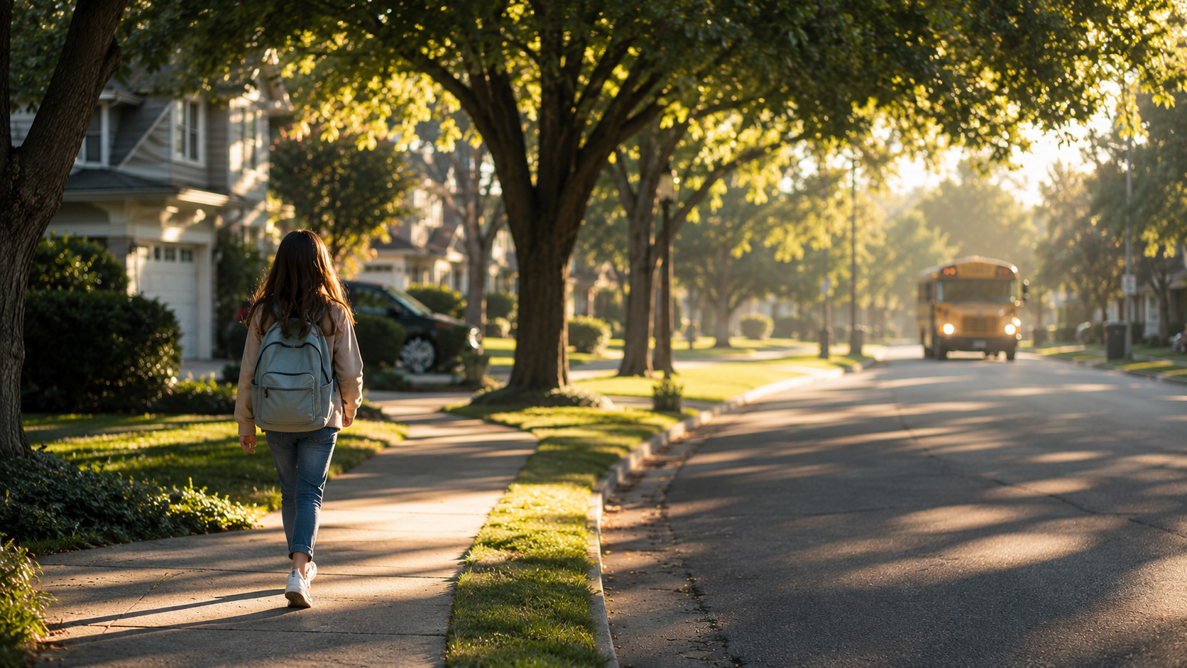 A girl with a backpack walking down a sidewalk in a suburban neighborhood with trees, houses, and a school bus in the background, during sunset.