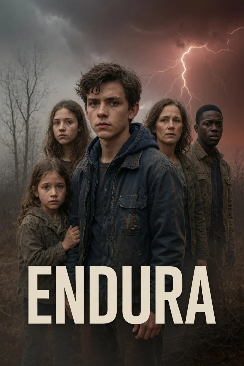 A group of five people, including a young man in the foreground, stand outdoors during a storm with dark clouds and lightning in the background. They appear serious and tense, wearing dark, rugged clothing.