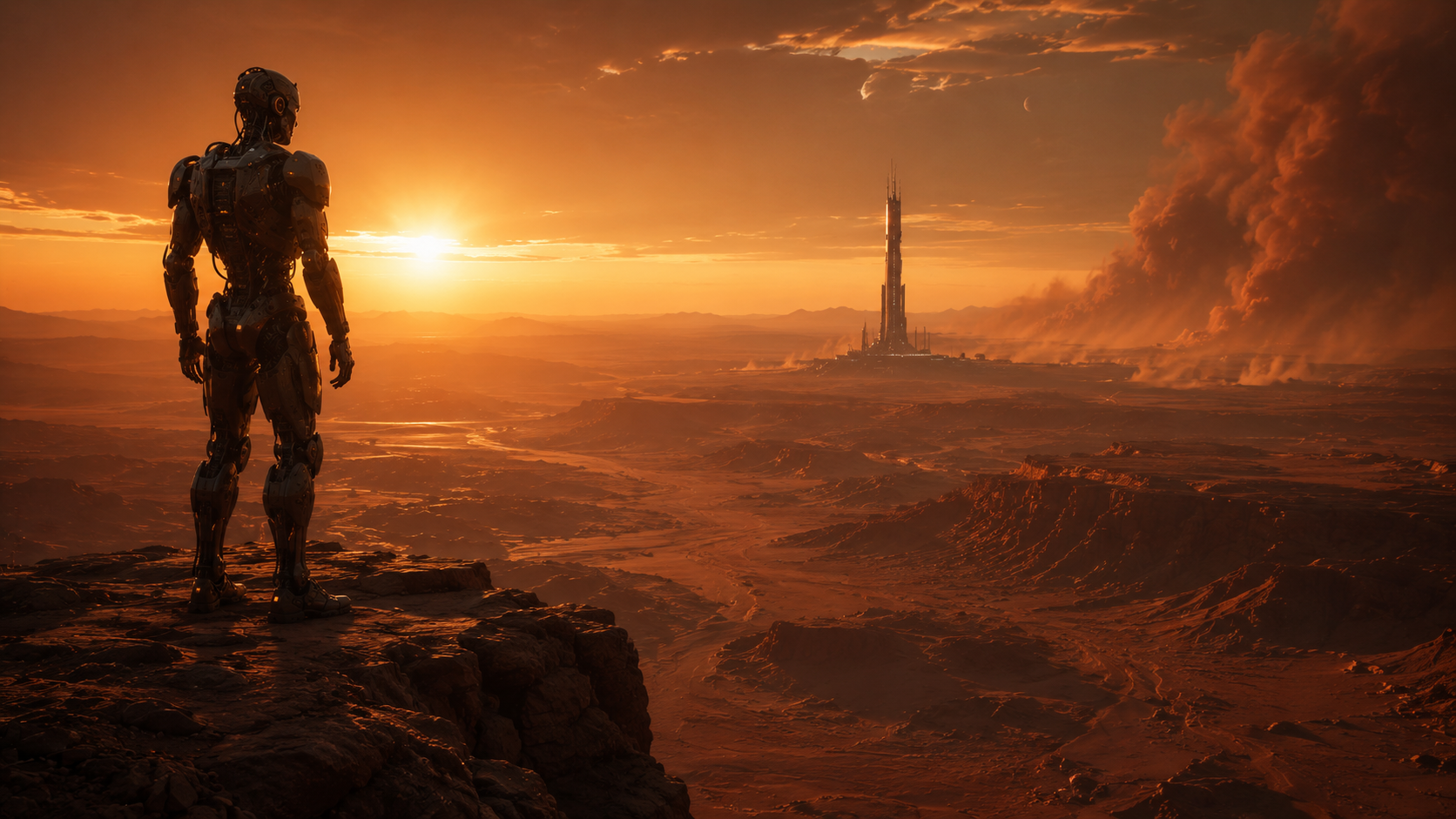 A lone figure stands watch over a transformed Mars as new questions emerge from the aftermath.
