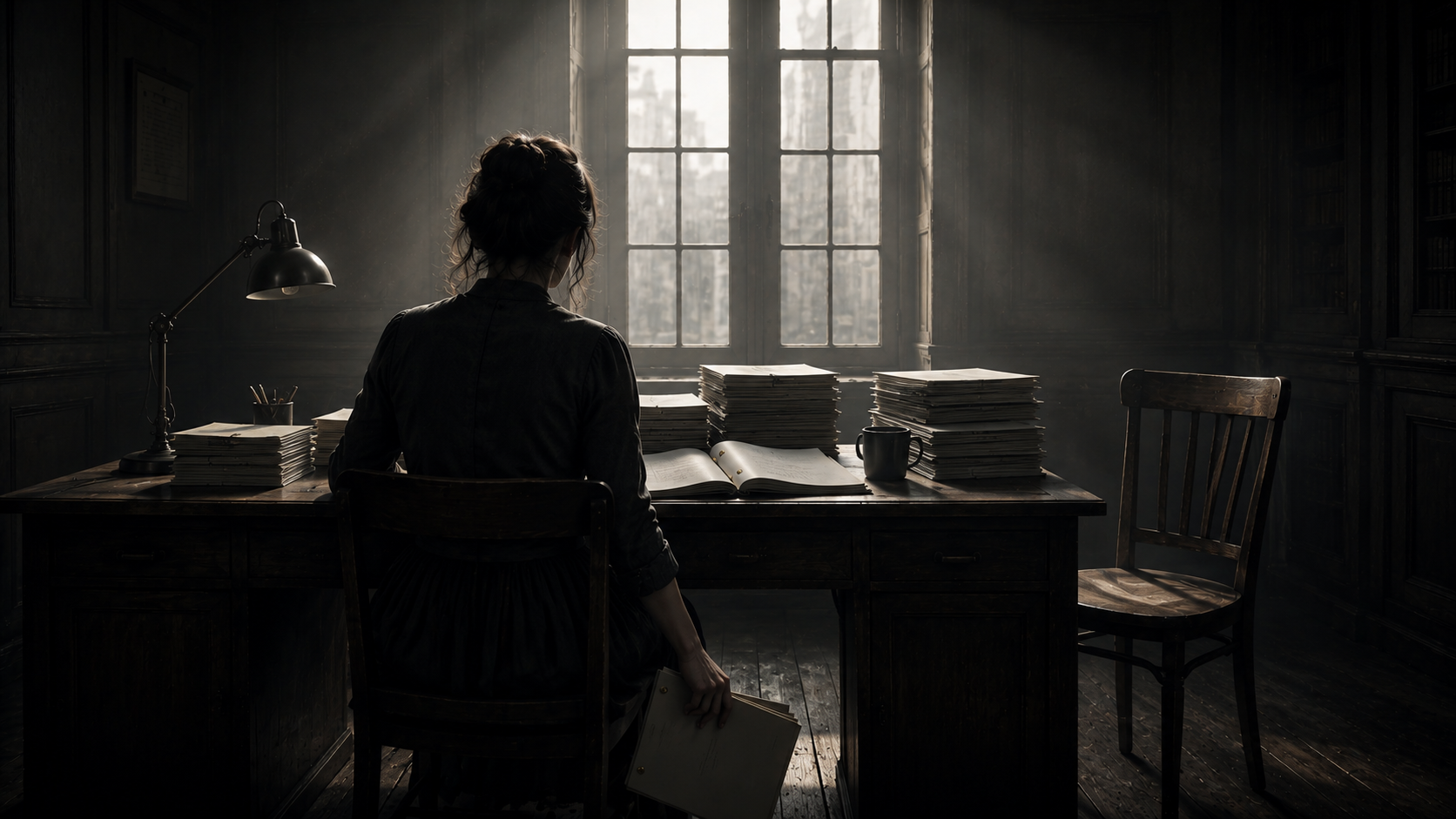 A woman sitting at a wooden desk in a dimly lit, old-fashioned room with large windows. The desk is cluttered with stacks of papers, a cup, and an open book. The woman is facing away, holding a folder, and her hair is tied up. The room has dark wooden walls and furniture, with light streaming in through the window.