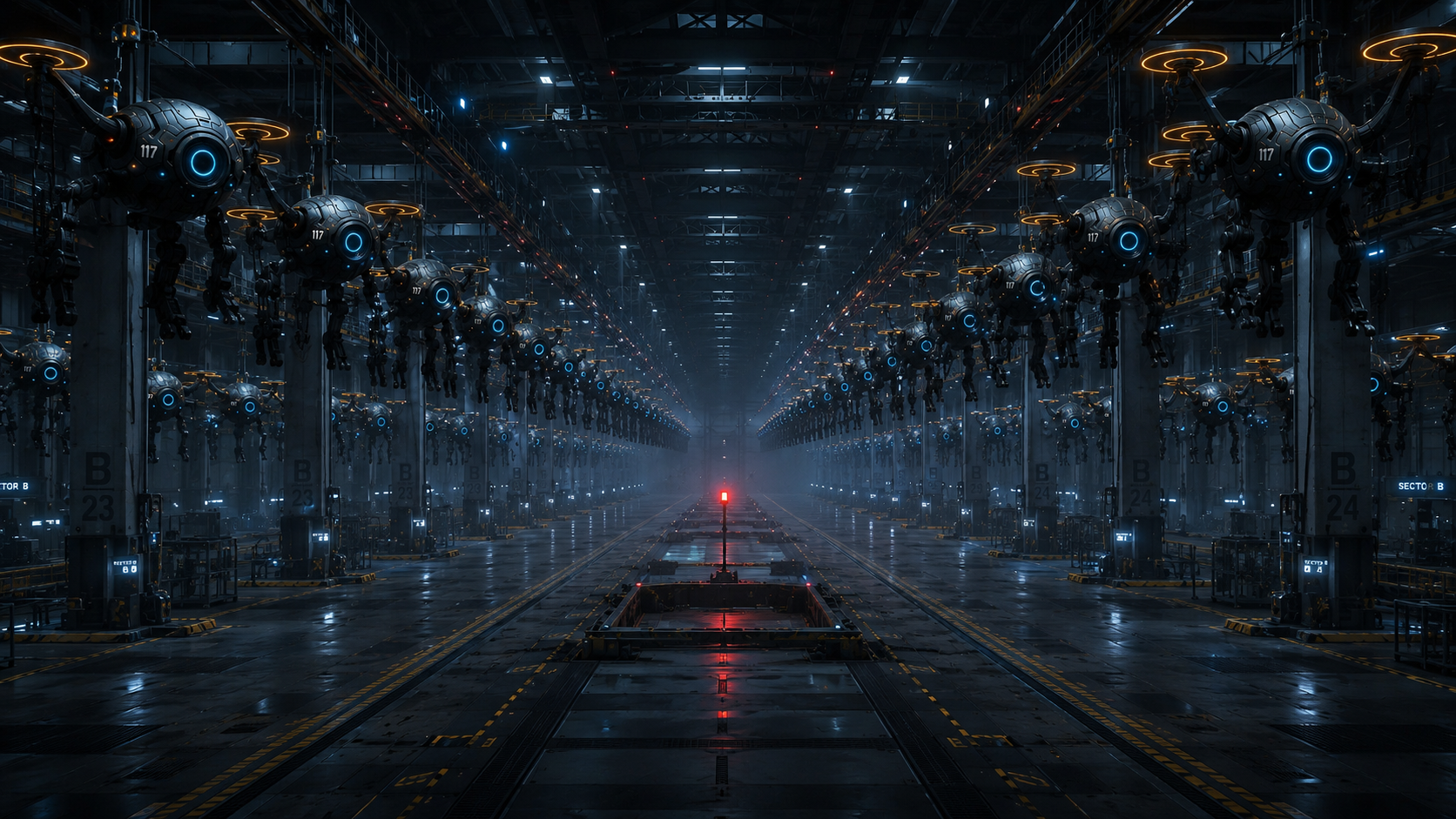 Rows of autonomous drones await deployment as the colony’s growing dependence on automation deepens.