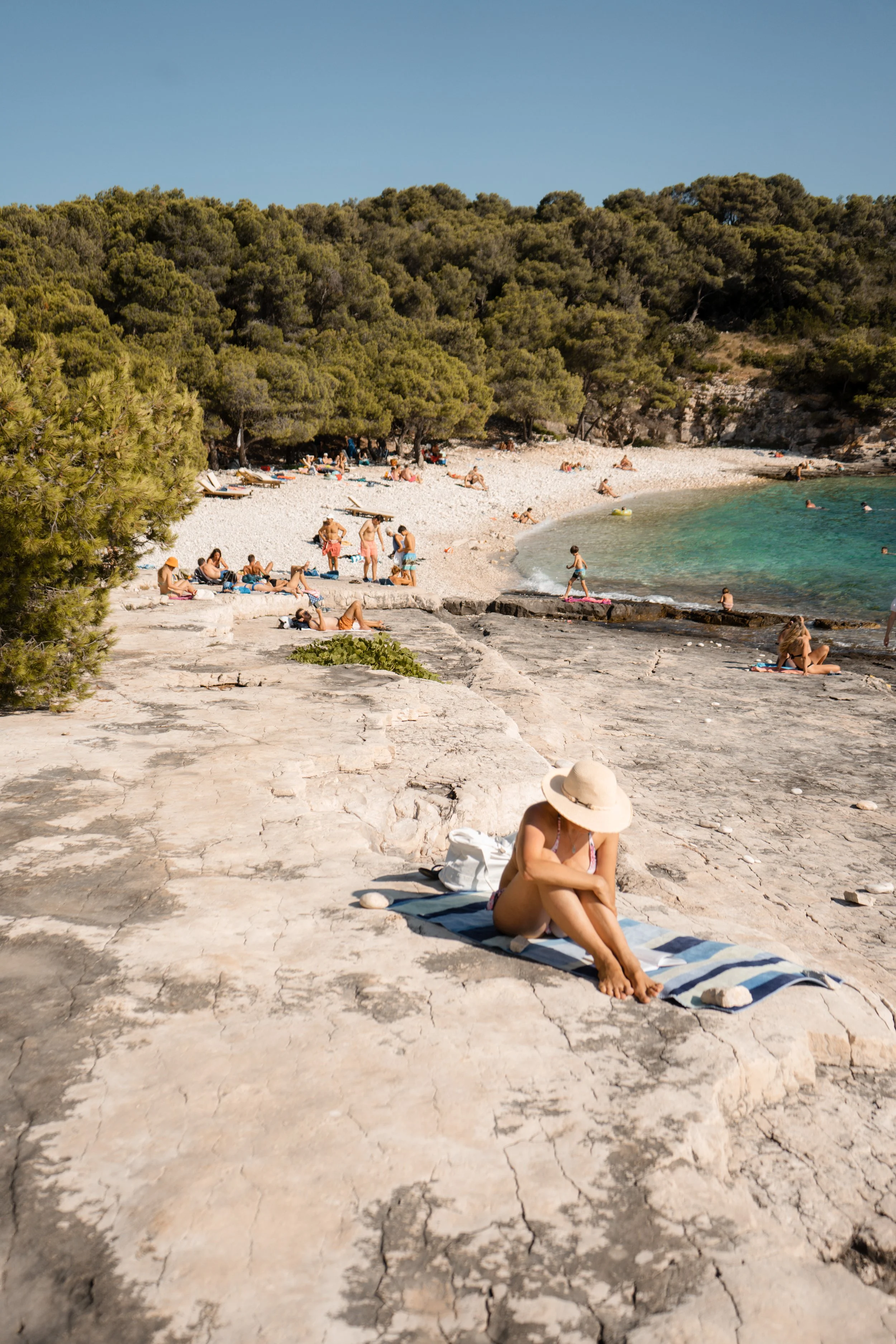 A crowded beach with people sunbathing, swimming, and relaxing near pine trees and rocky terrain, under clear blue skies.