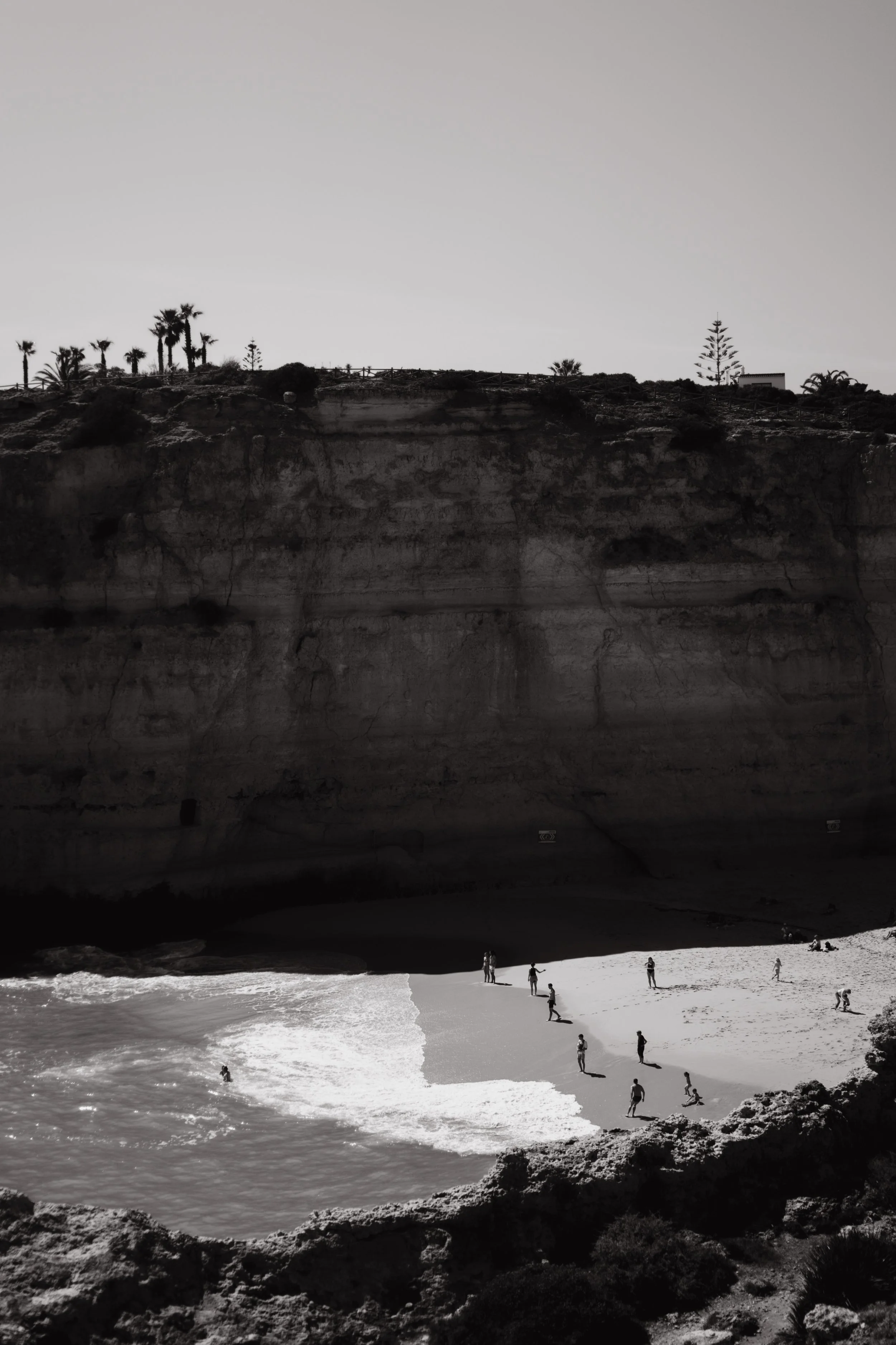 People walking and relaxing on a white sandy beach under a cliff with lush vegetation and palm trees, in black and white.