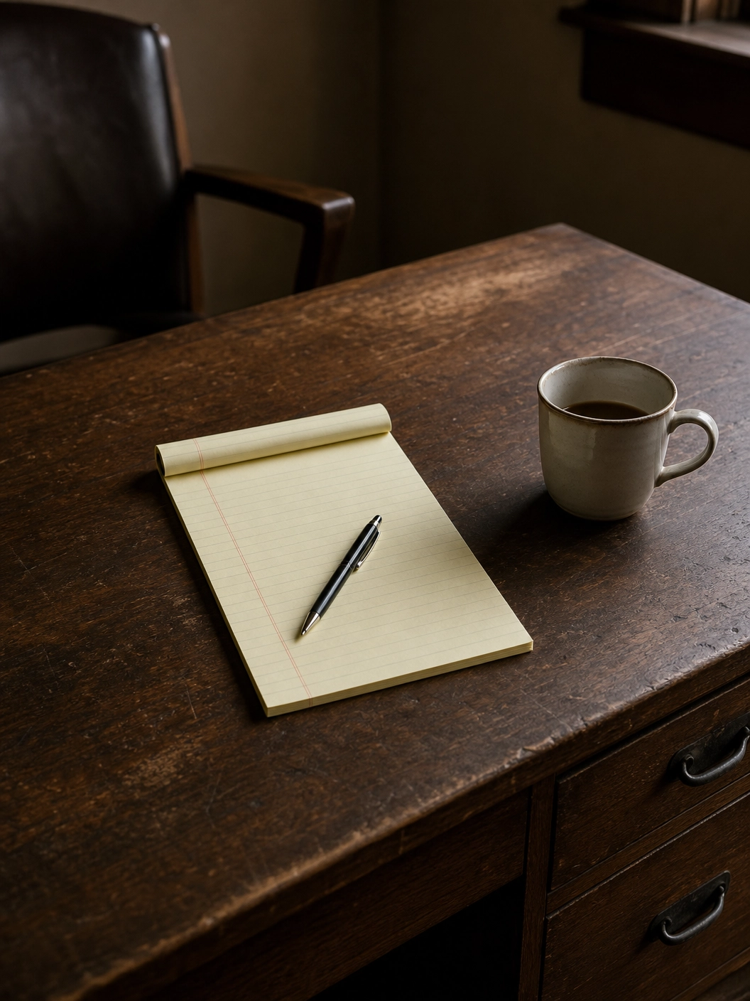 A quiet desk with a legal pad and pen — contact Patrick Williams, author of The Waypoint Leader.