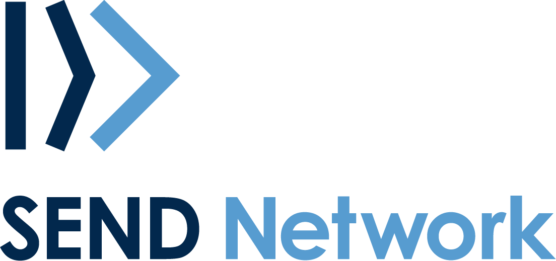 Logo for SEND Network, featuring stylized chevron symbols and the text 'SEND Network' in blue shades.