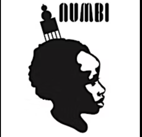 Black silhouette of a person's head in profile with the continents of North and South America, and the word "NOMBI" above.