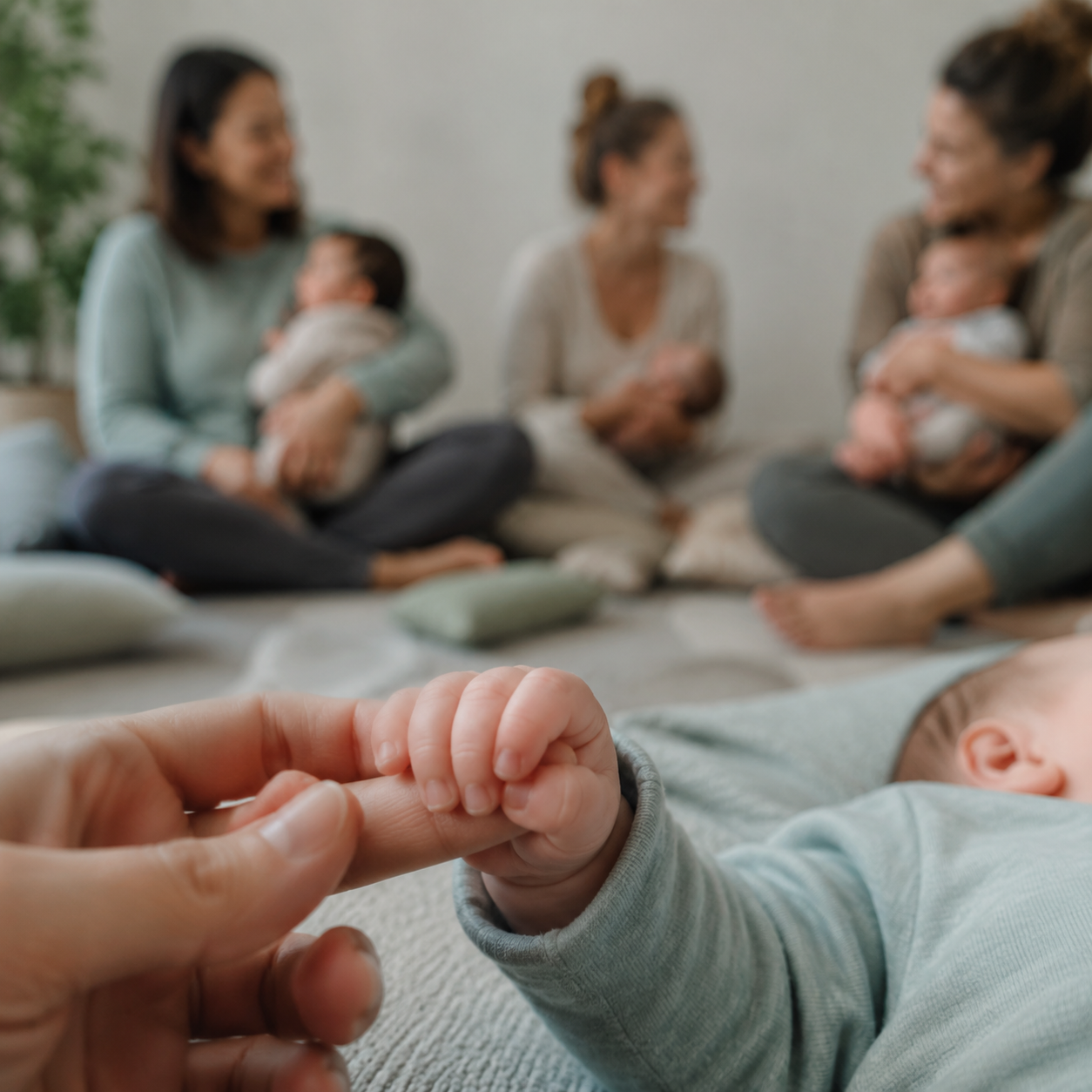 Een baby houdt met een hand een volwassen vinger vast, terwijl op de achtergrond een groep vrouwen met baby's samen zit en praat op een gezellige, rustgevende omgeving.