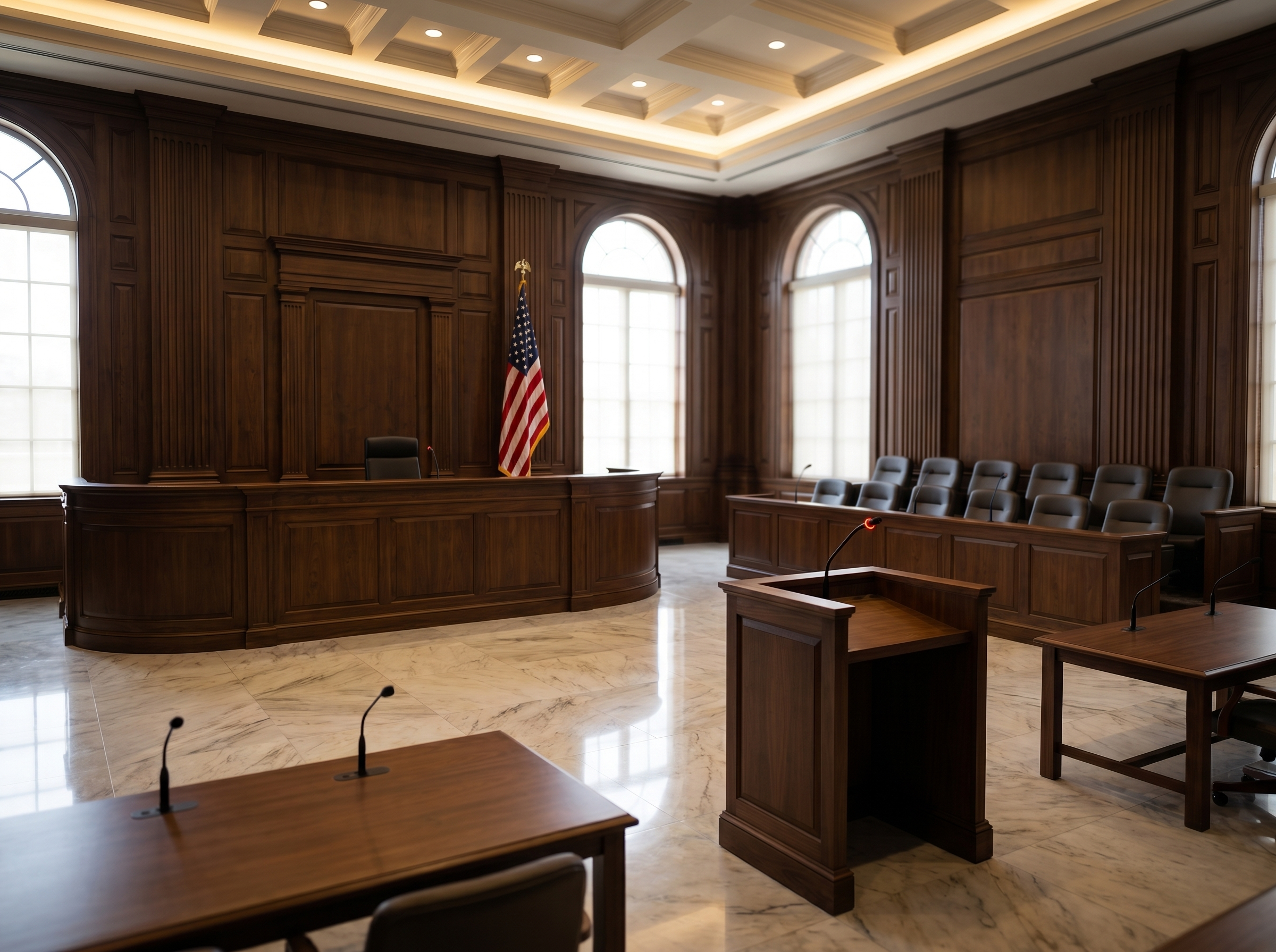 Empty courtroom with wood paneling, arched windows, rows of chairs, and a judge's bench with an American flag.