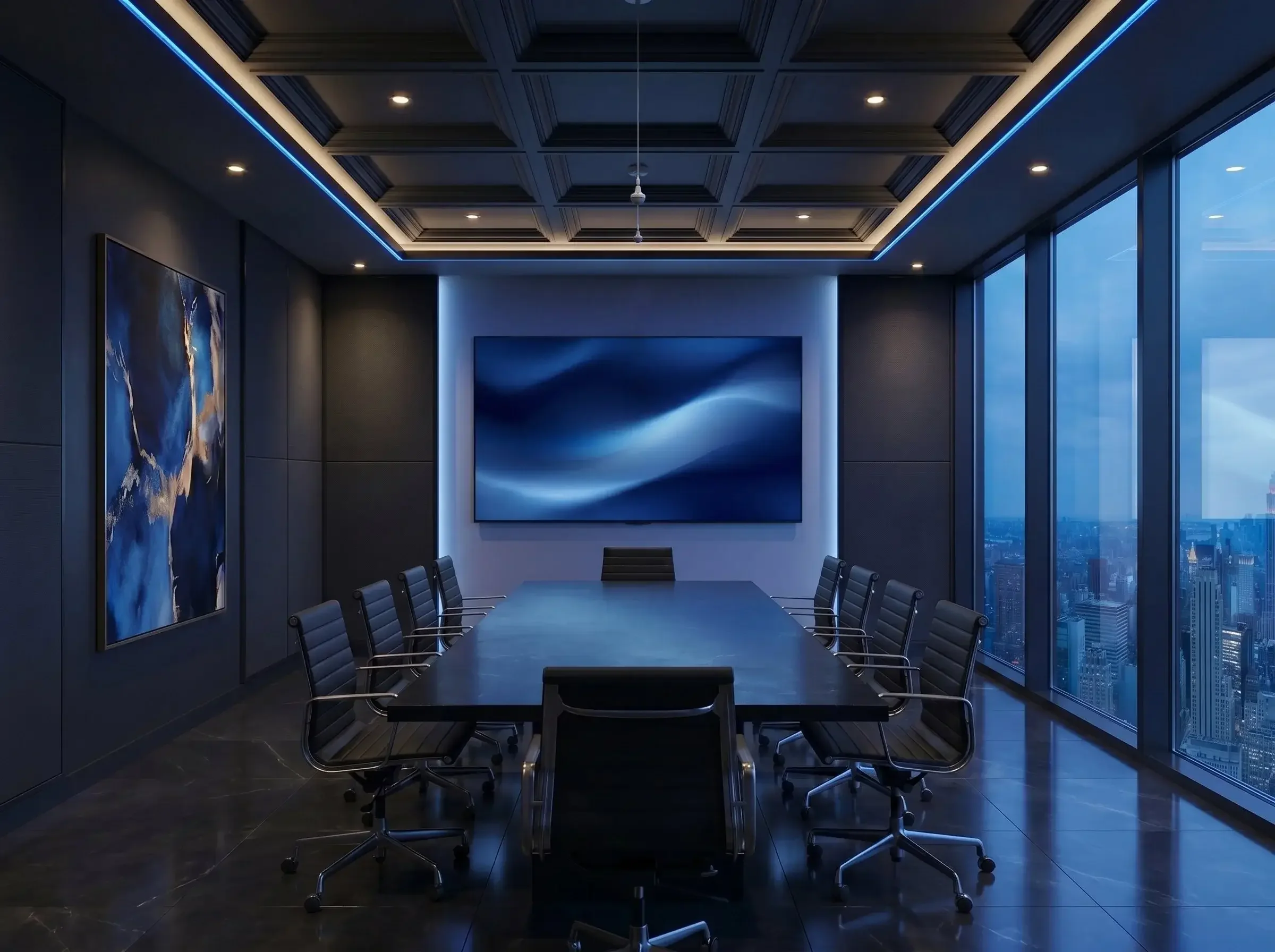 Modern conference room with a long table, multiple grey chairs, artwork on dark walls, and ceiling with blue LED strip lighting.