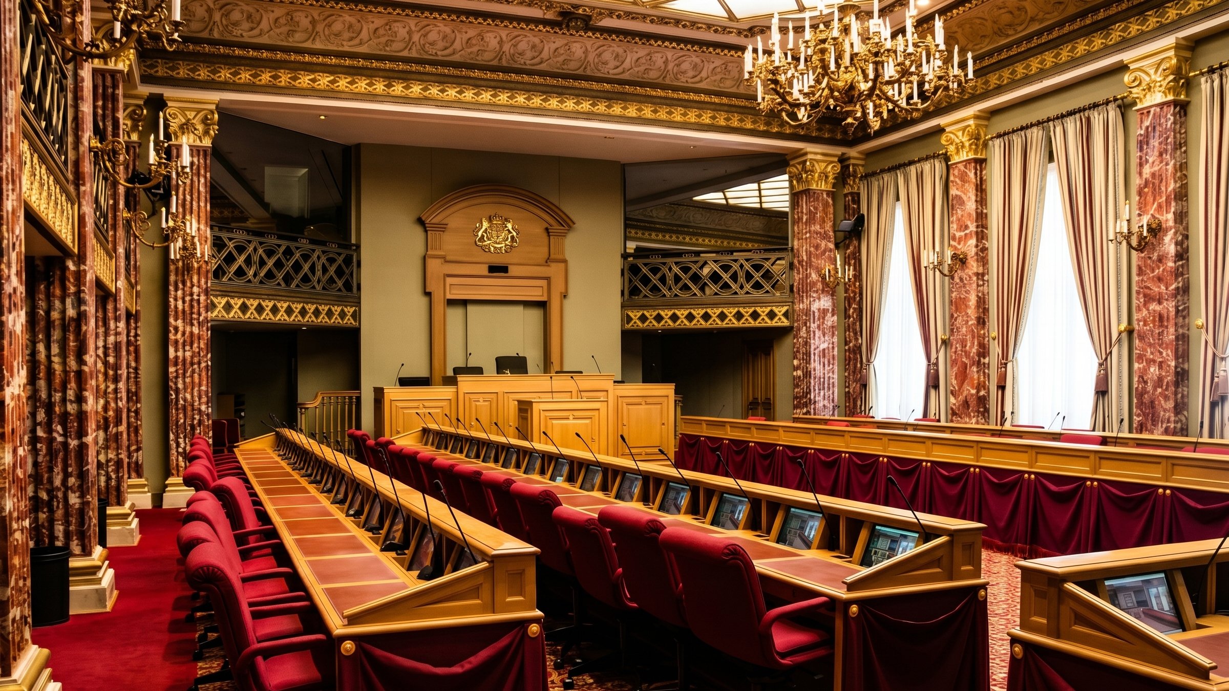 A grand, ornate legislative chamber with gold detailing, red velvet seats, long desks with microphones, and tall windows with cream-colored curtains.