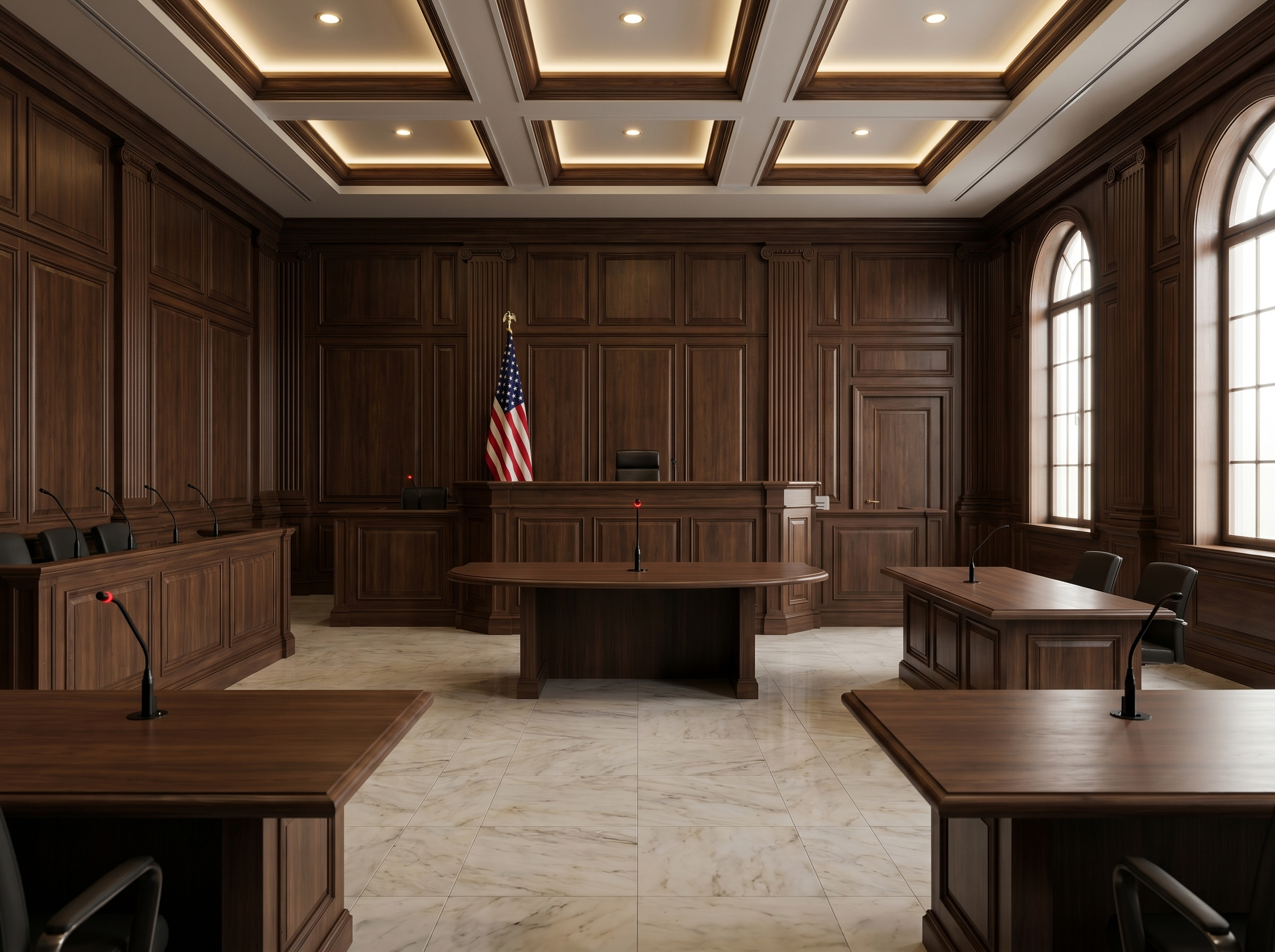 A courtroom with dark wood paneling, large arched windows, and flag at the front. There are desks with microphones and chairs for legal proceedings.
