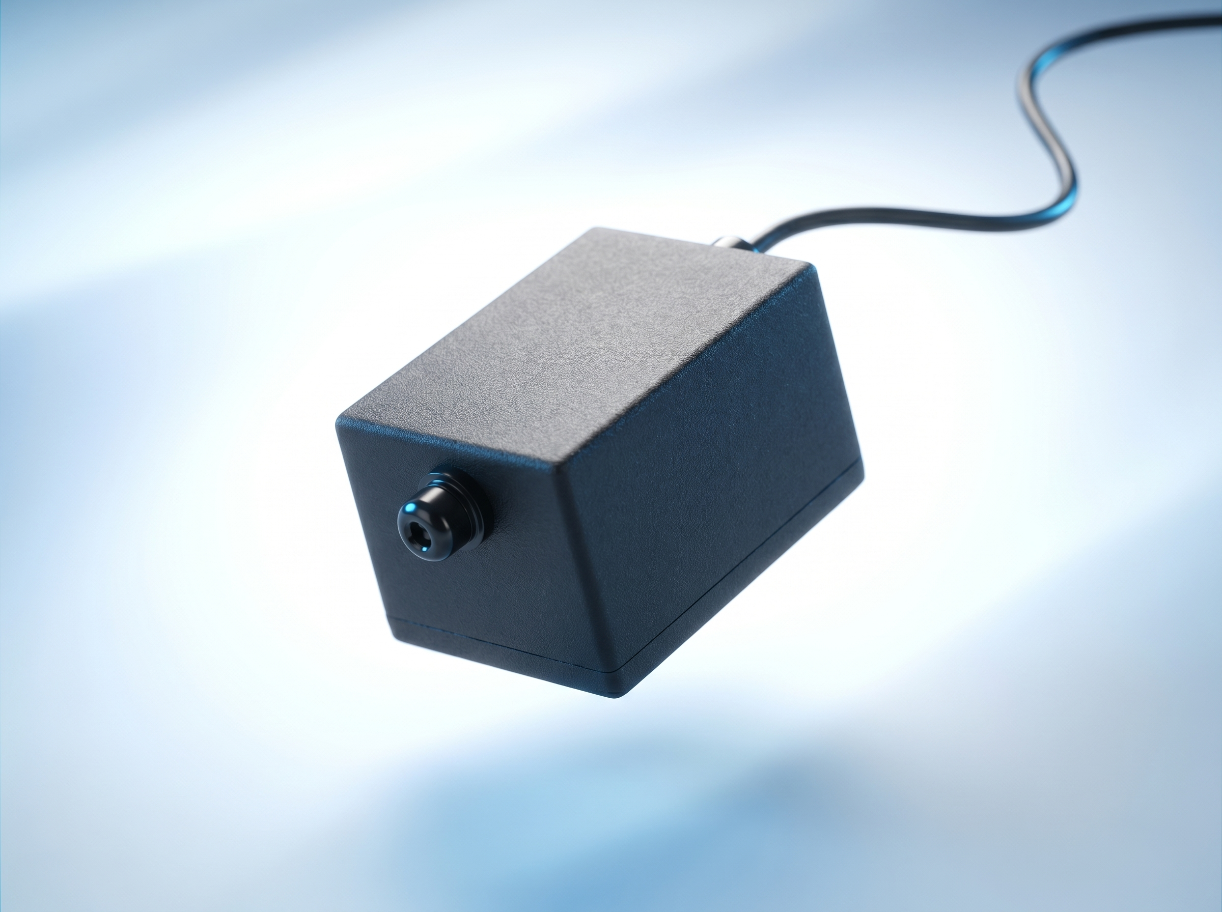 Close-up of a black electronic device with a cable attached, placed on a plain surface with a gradient blue background.