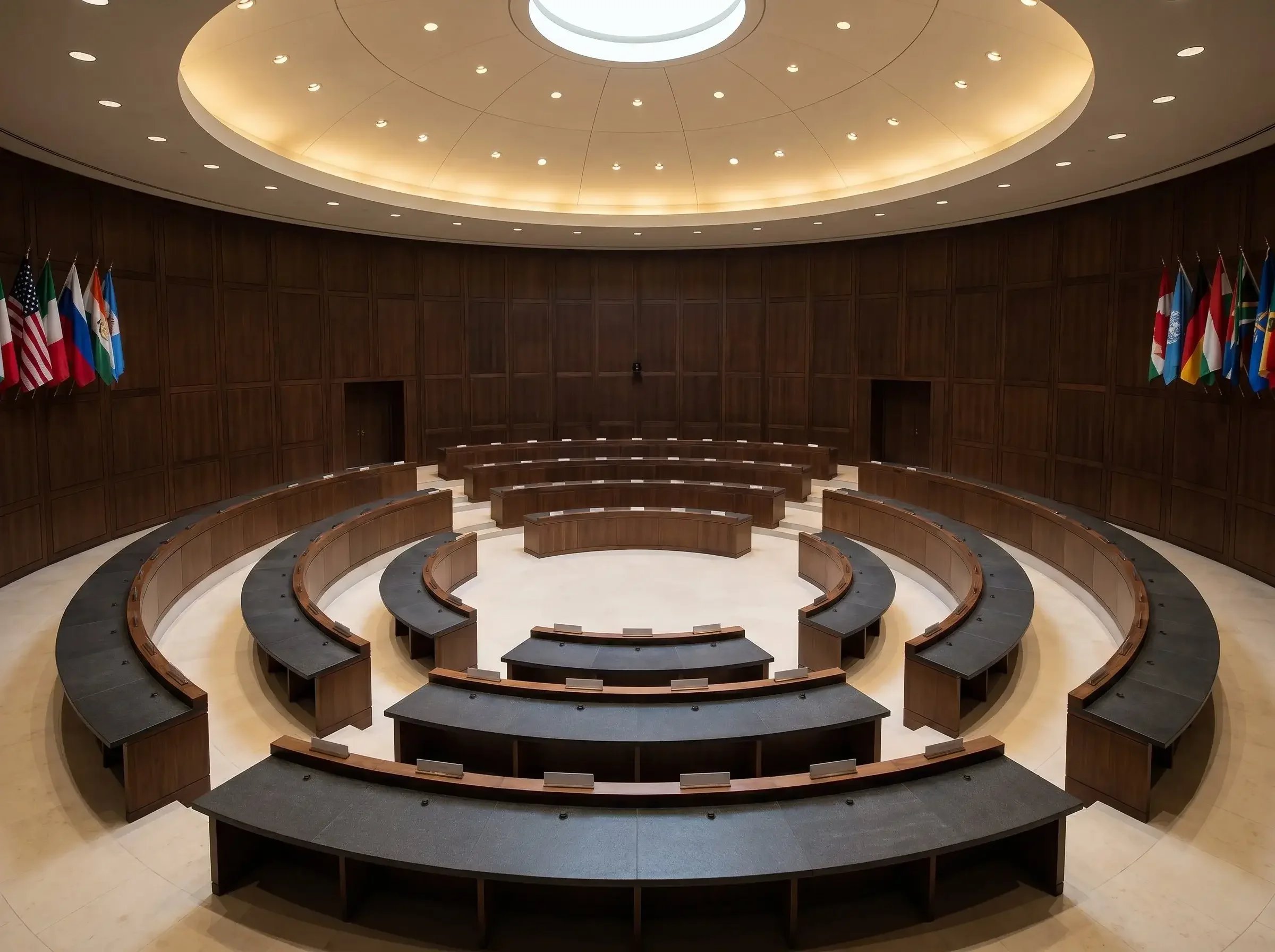 A circular lecture hall or conference room with tiered seating made of dark wood and black cushioned surfaces. The walls are paneled in wood, and numerous national flags are displayed along the curved wall on both sides. The ceiling features a large, circular light fixture.