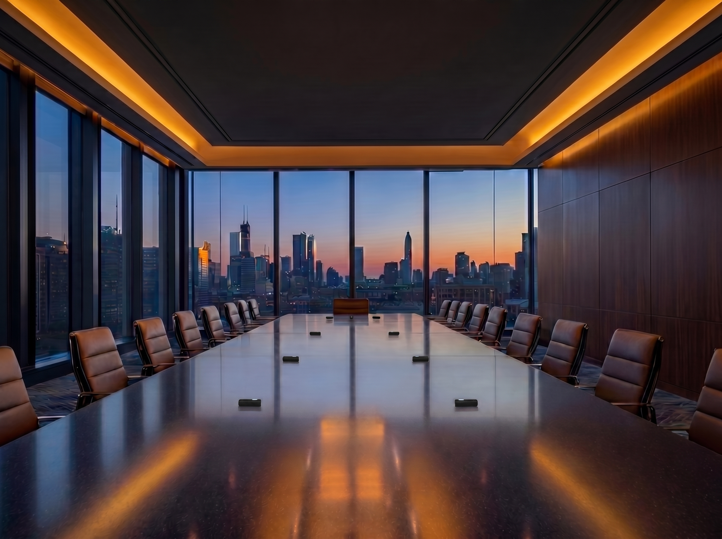 A modern office conference room with a long table, tan chairs, and floor-to-ceiling windows showing a city skyline at sunset.